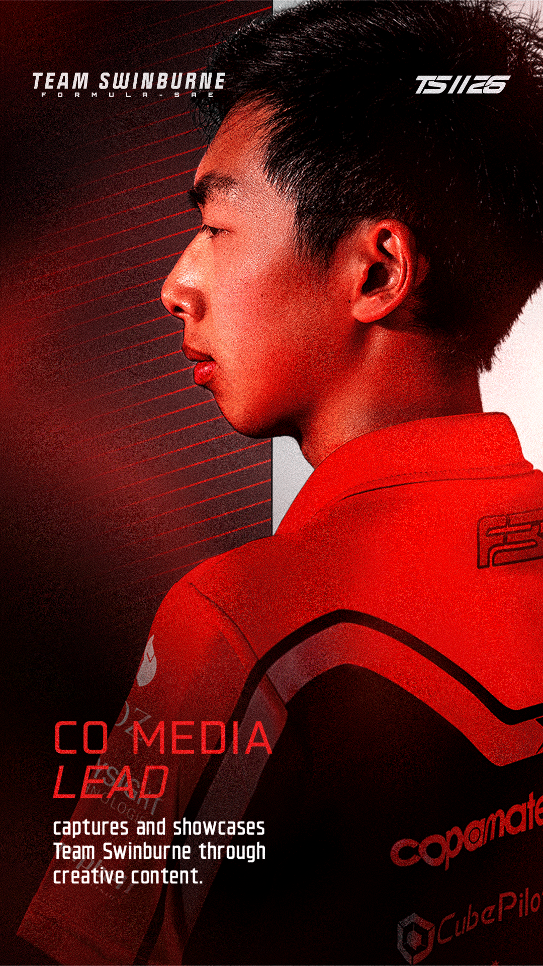 Side profile of a person wearing a red and black racing suit with sponsor logos, against a dark background with red lines and text.