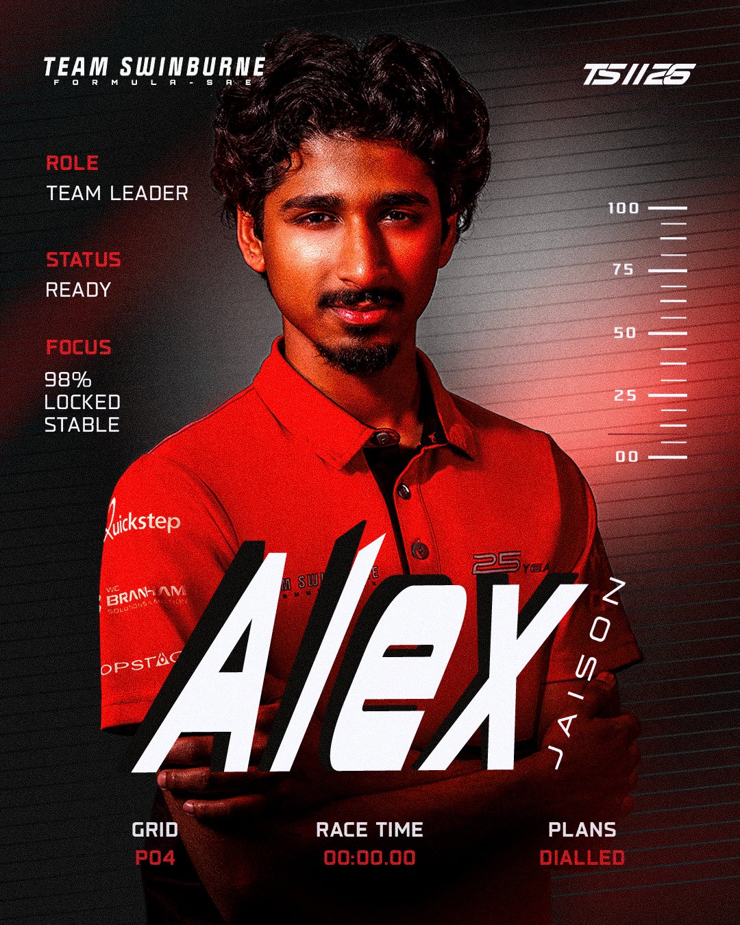 Portrait of a man in a red racing team shirt with the name Alex, standing with crossed arms. The background is a graphic interface showing stats such as role as team leader, status ready, focus at 98%, and various race-related data including grid, race time, and plans.