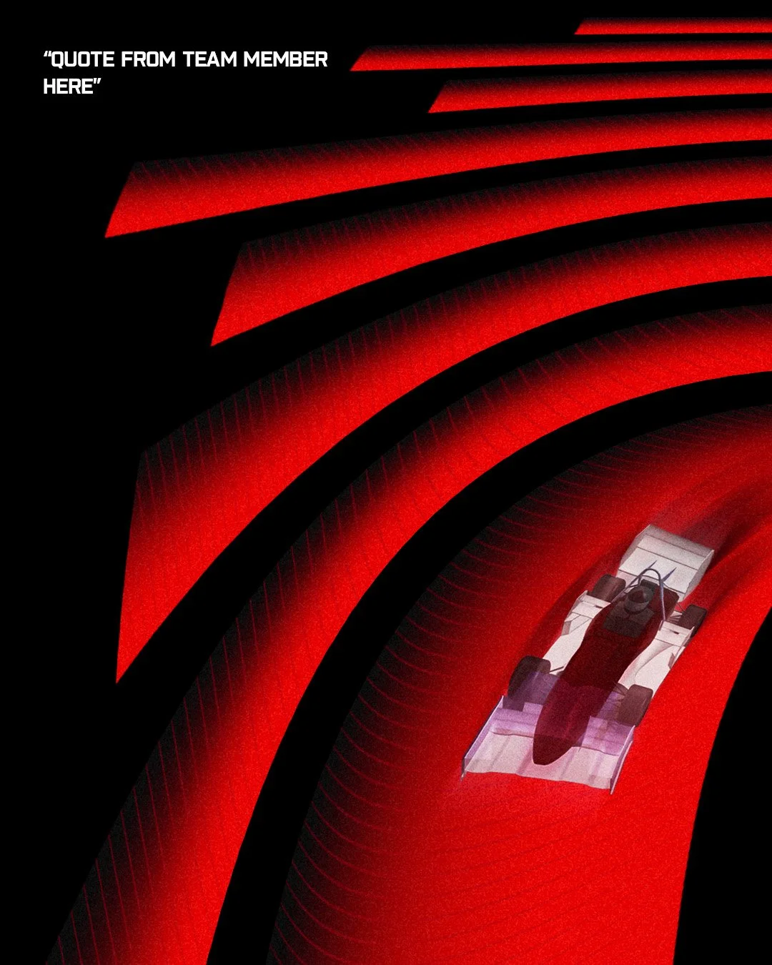 Red and black abstract background with racing car at the bottom right corner and space for a team quote at the top left.