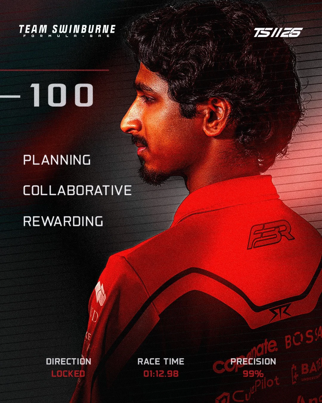 A Formula 1 driver in a red racing suit with sponsor logos, facing left, with a dark background and overlay text showing race information and team details.