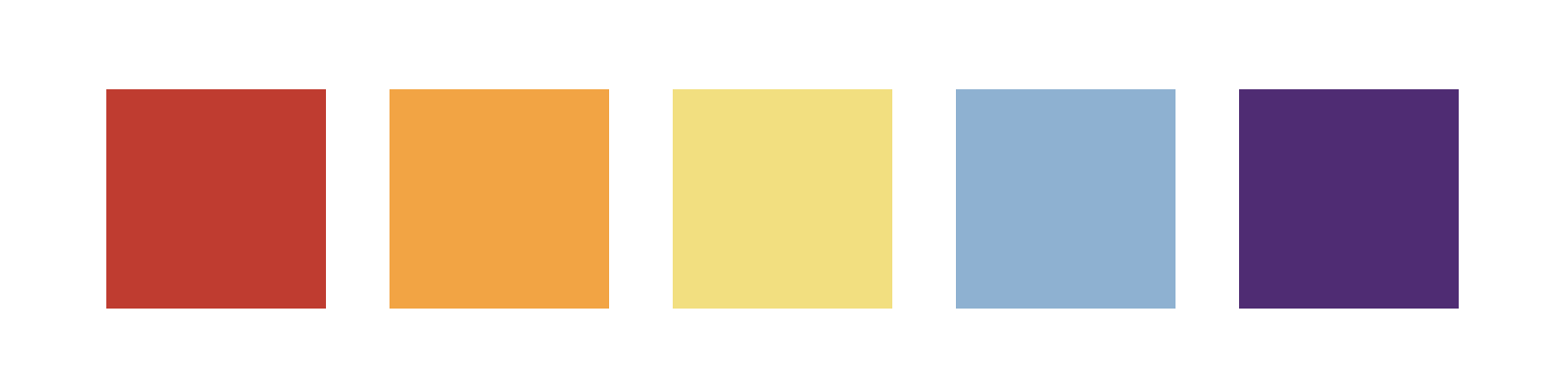 Five colored squares arranged horizontally: red, orange, yellow, blue, purple.
