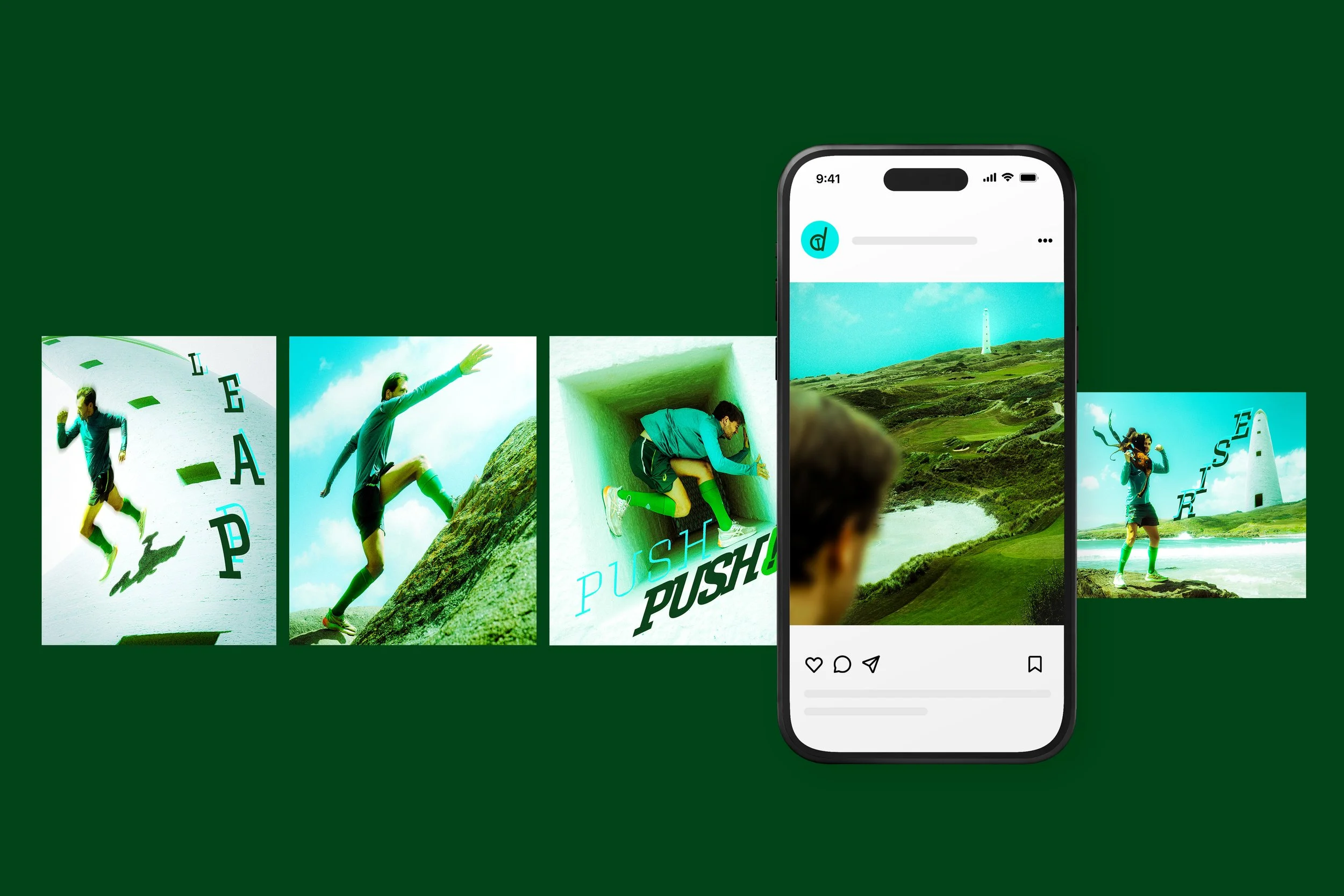 A collage of outdoor adventure scenes with a person climbing a rock, reaching towards the sky, and standing on a beach, viewed on a smartphone screen.