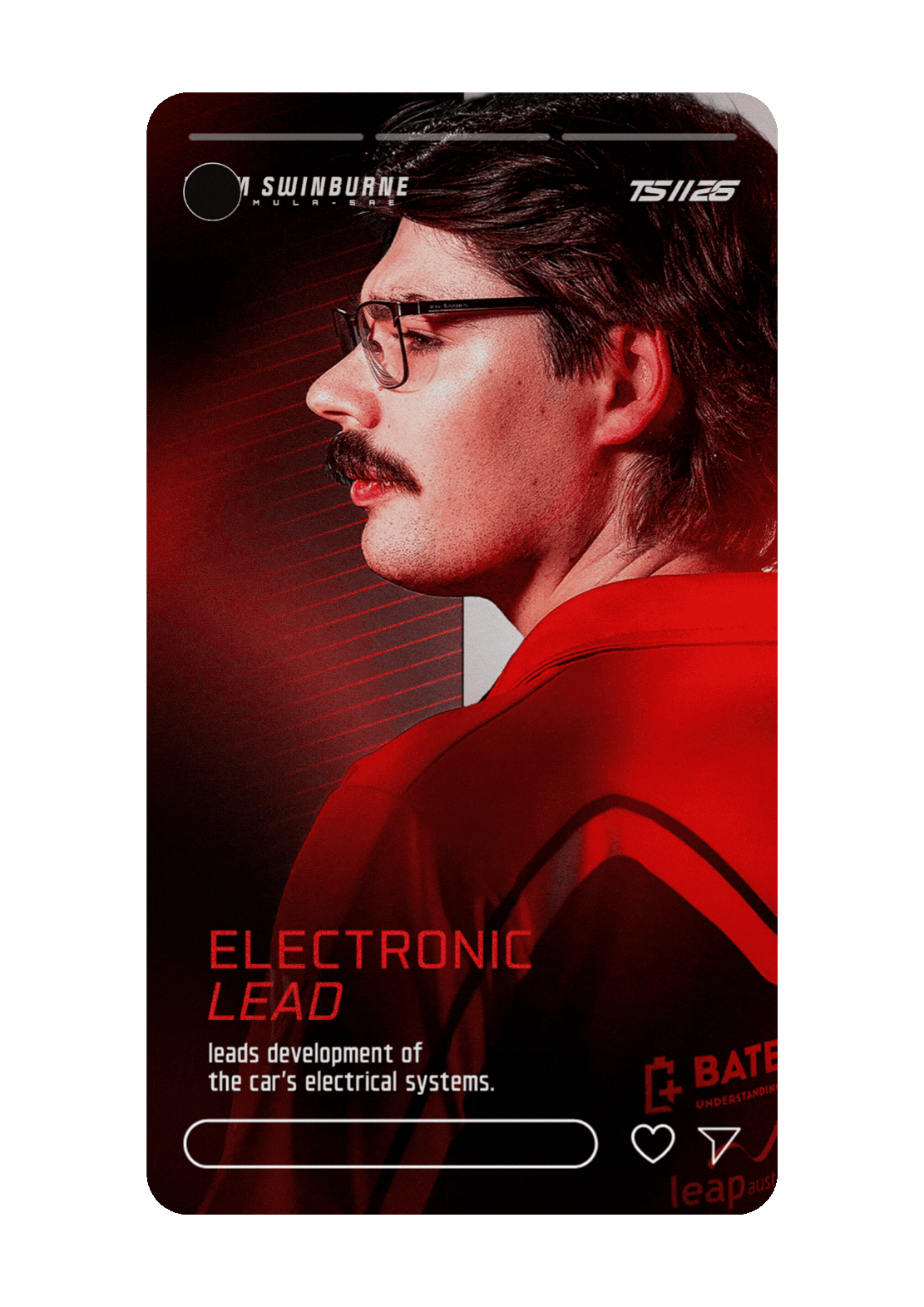 Illustration of a man wearing glasses in profile, dressed in red, with text and graphics about electronic lead and car electrical systems.
