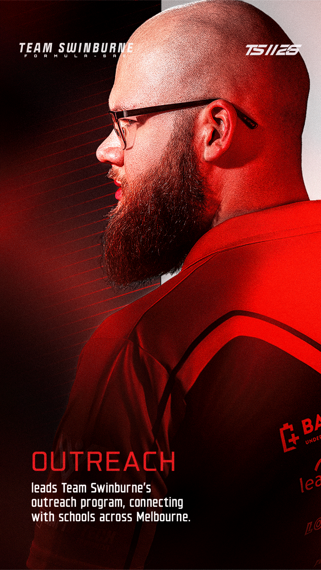 Side profile of a bald man with a beard wearing glasses and a red team jersey, with text promoting Team Swinburne's outreach program connecting schools across Melbourne.