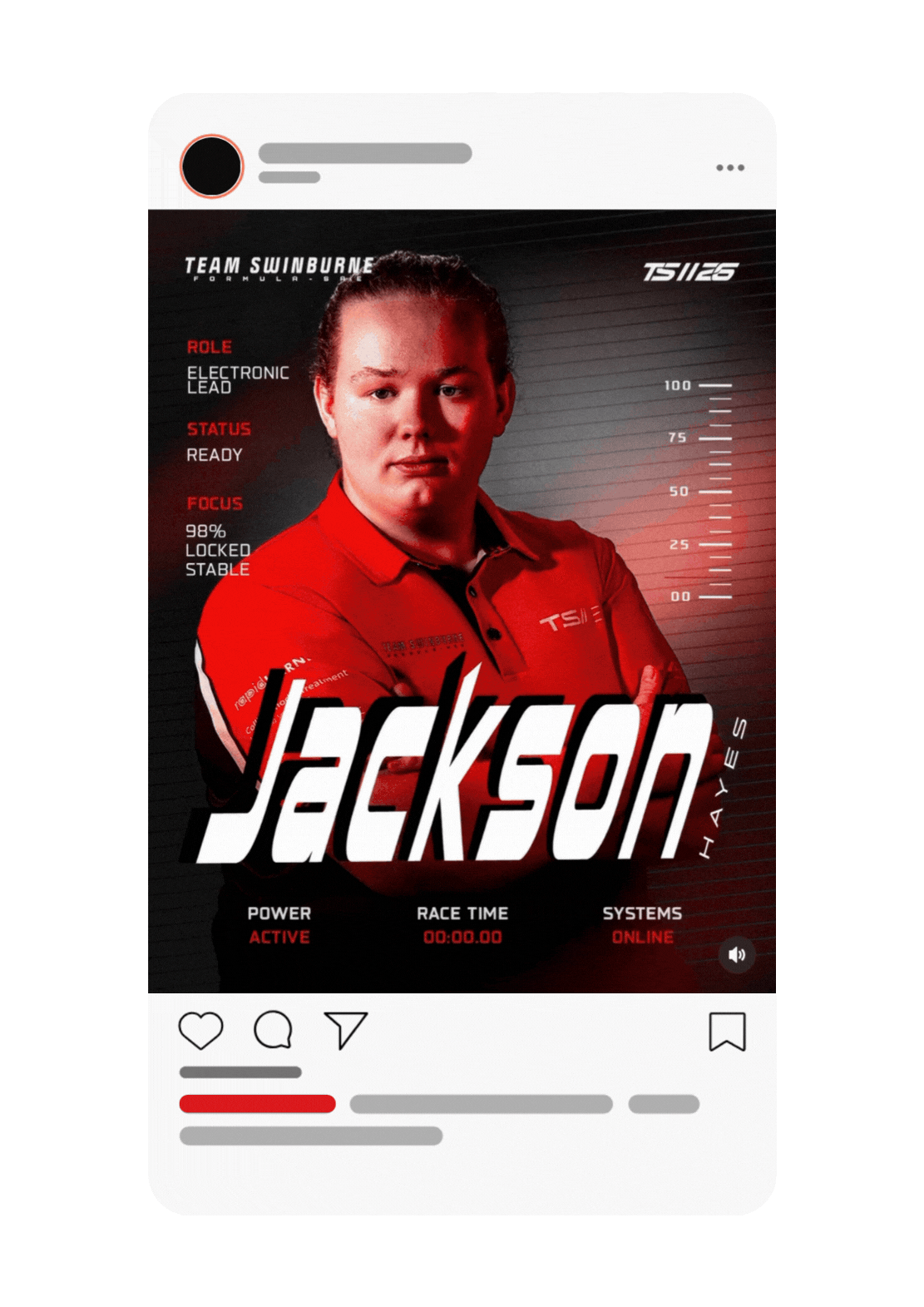 Social media profile card for Jackson Hayes from Team Sunburne, showing his role as electronic lead, status as ready, focus at 98%, with a serious expression, crossed arms, and a red racing suit with various logos.