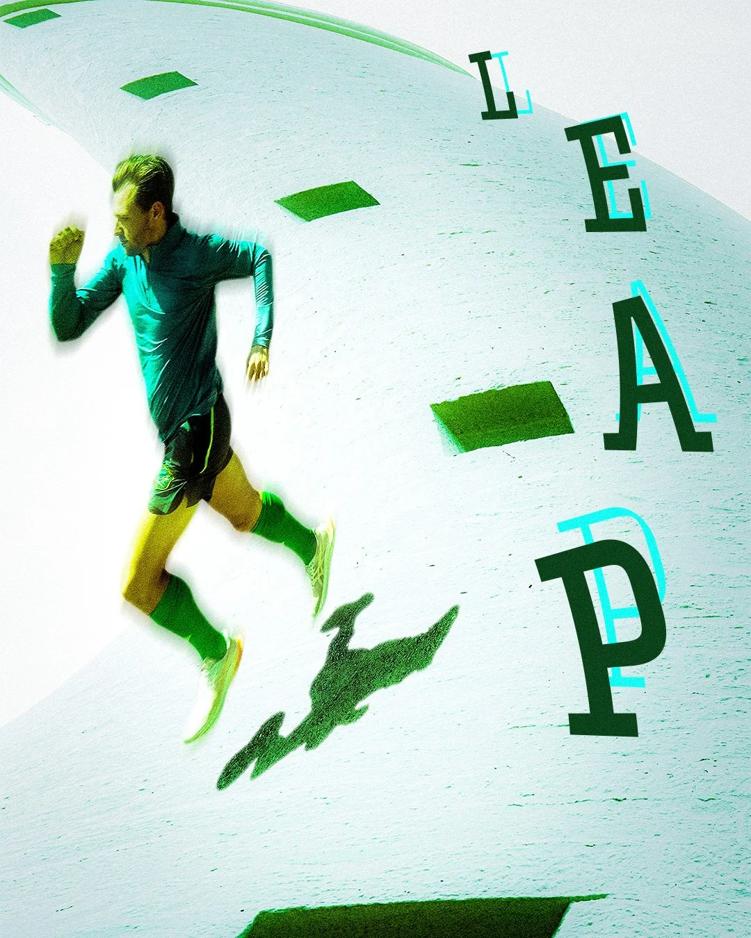 A digital image of a man running on a white surface with a large, stylized clock face showing the hours from L to P. The man is in mid-stride, wearing a teal athletic shirt, dark shorts, and green socks. His shadow is cast onto the surface near his feet.