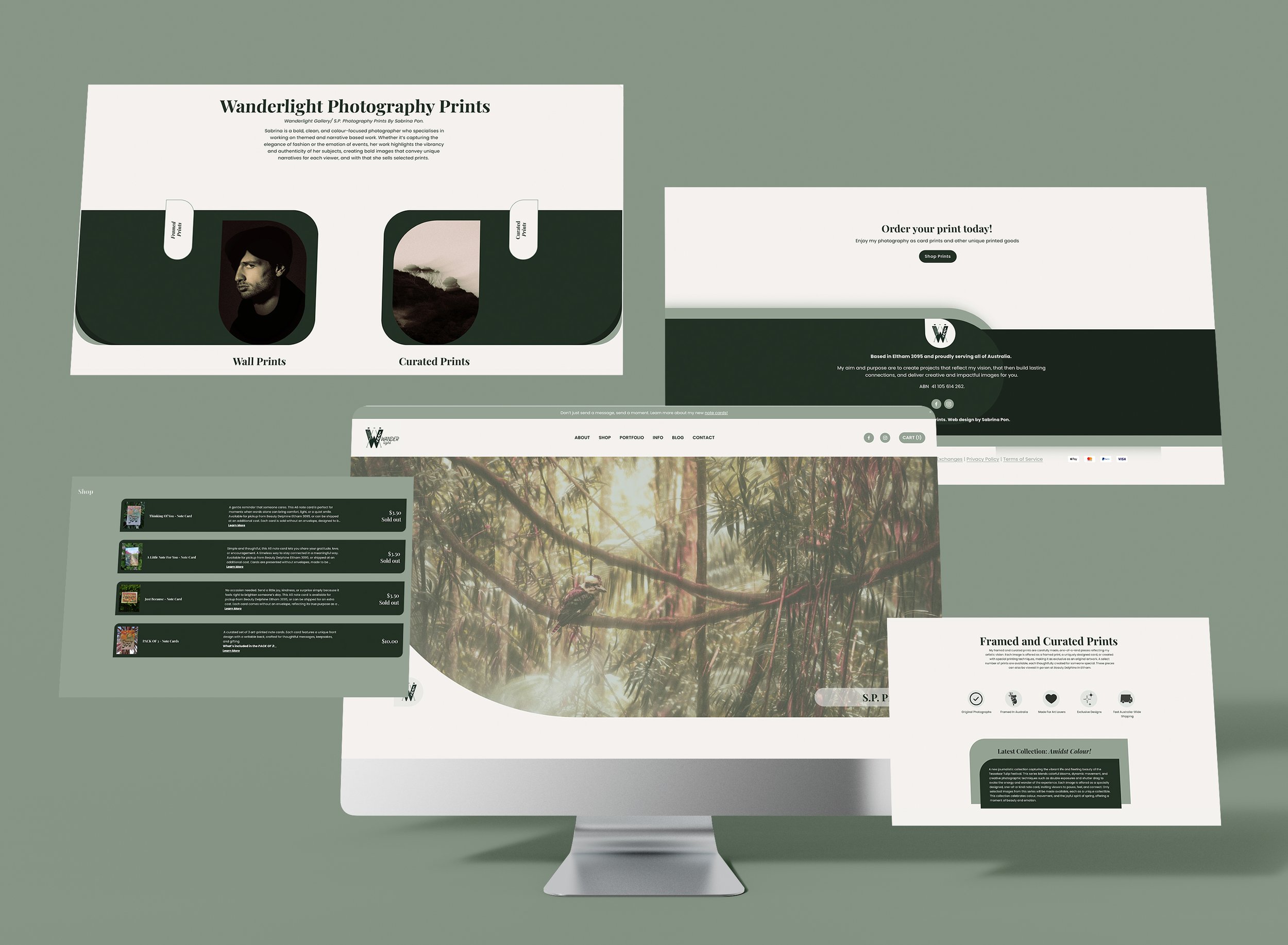 Collection of website screenshots featuring photography prints, an online shop, and a desktop monitor displaying a nature photograph of a bird in trees with branches.