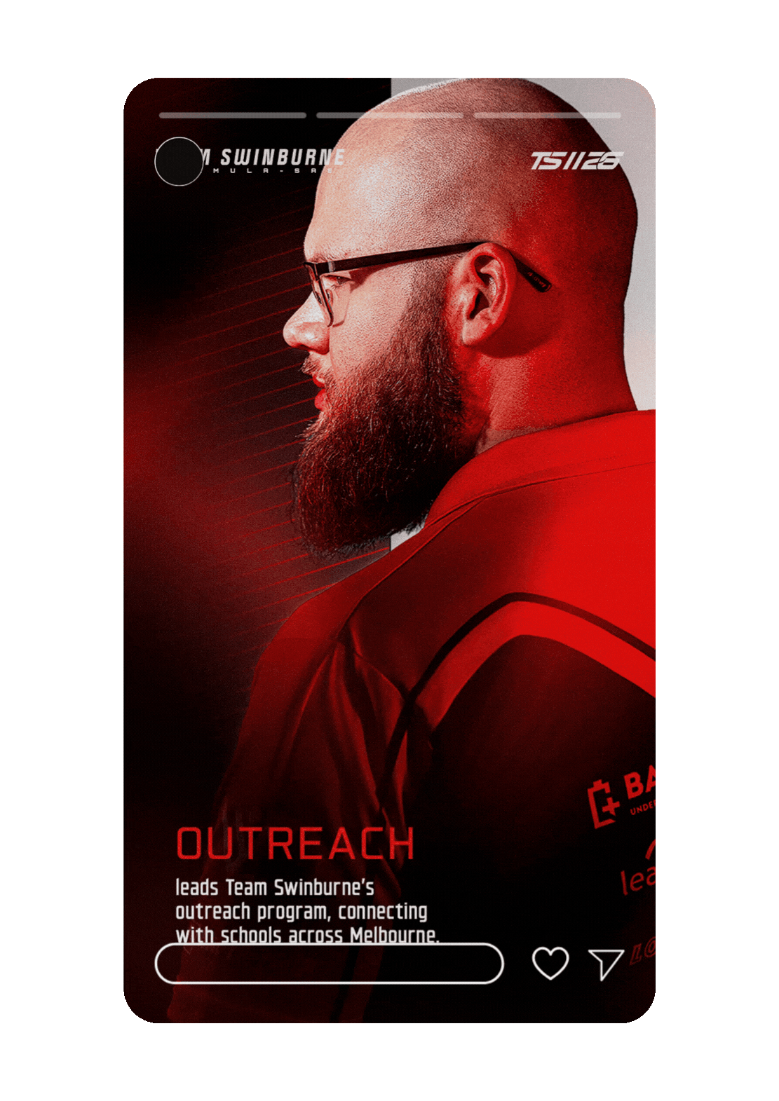 Side profile of a man with glasses and a beard wearing a red sports jacket, with text about Team Swinburne's outreach program connecting with schools in Melbourne.