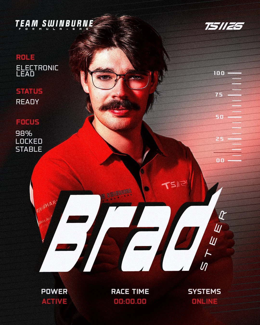 A man with glasses and a mustache wearing a red racing team shirt, standing with arms crossed against a digital race dashboard background with various performance metrics displayed.