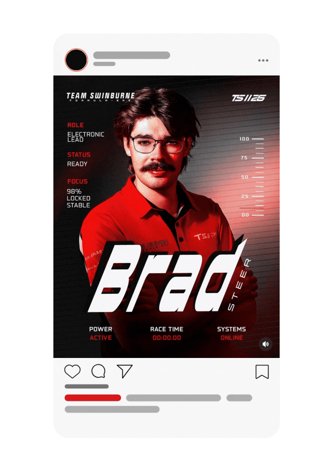 Social media post showing a man in a red racing team uniform with glasses and a mustache, with racing graphics and data.