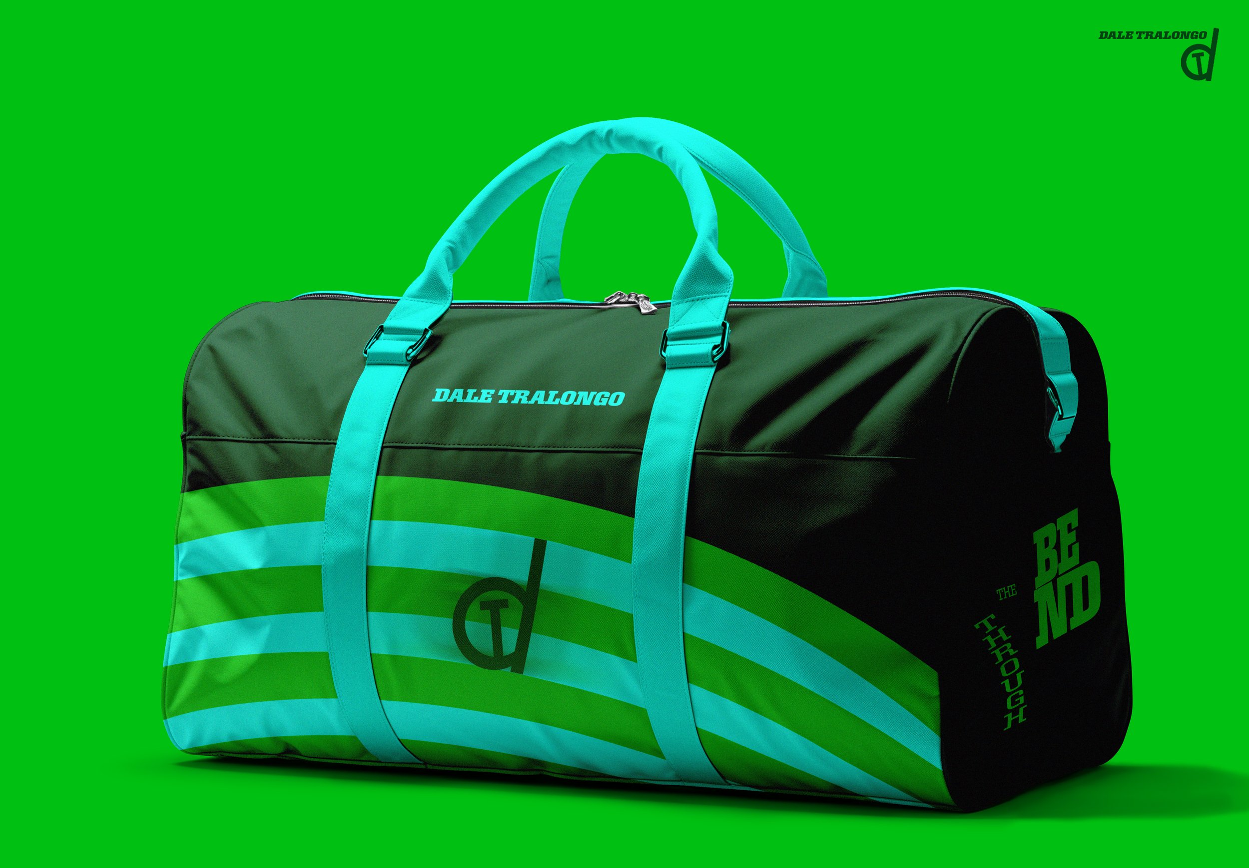 A black sports duffle bag with green and light blue stripes, turquoise handles, and the words "DALE TRALONGO" and "BE THE RIGHT" written on it, set against a bright green background.