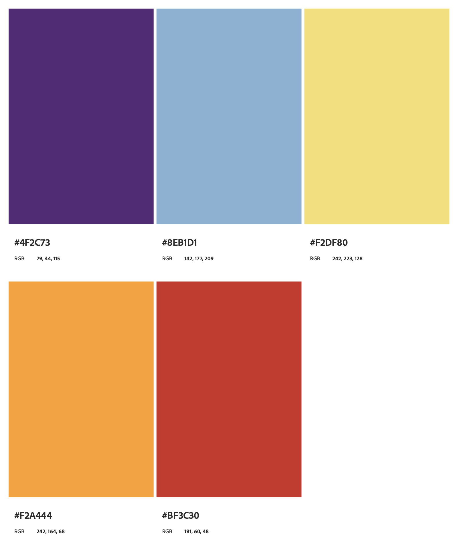 A color palette with six color swatches: purple (#4F2C73), light blue (#8EB1D1), pale yellow (#F2DF80), orange (#F2A444), red (#BF3C30).