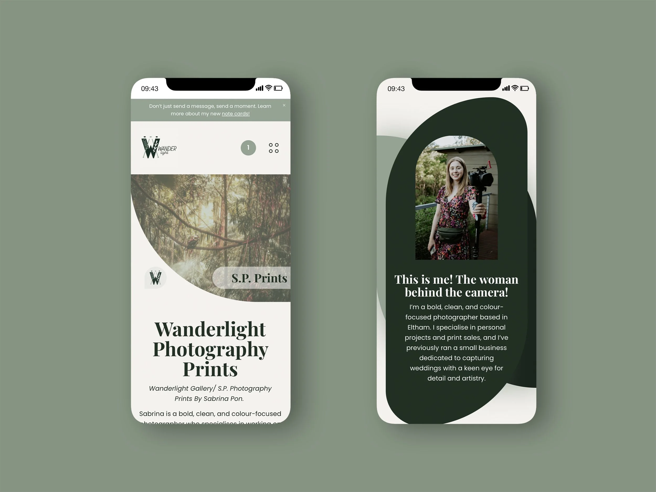 Two smartphones on a green background, displaying photography portfolio app screens. The left screen shows the app's branding, menu, and a photo of a forest, with text about photography prints. The right screen features a portrait of a woman holding a camera stabilizer, with a bio describing her as a bold, color-focused photographer based in Eltham.