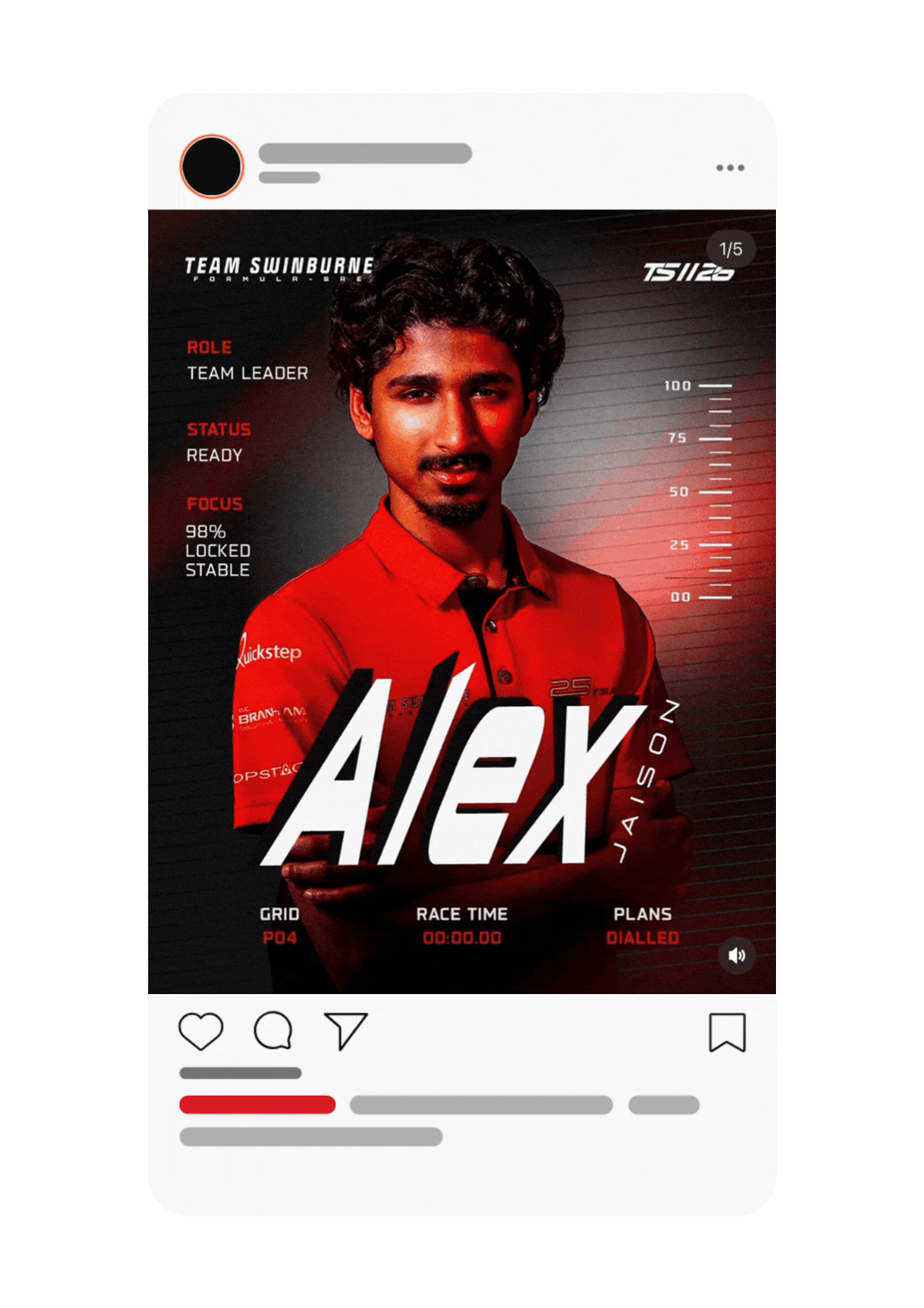 Instagram profile page featuring a racing driver named Alex from Team Sunburn, wearing a red racing suit with various sponsor logos, posing in front of a digital graphic with his name and stats.