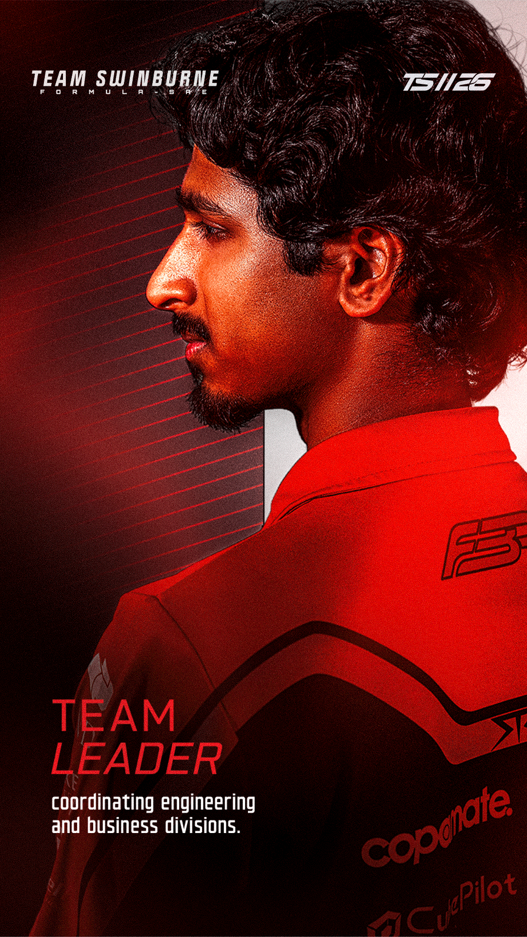 Side profile of a male race car driver with dark, curly hair, wearing a red racing suit with team and sponsor logos. The background has a red and black theme with text indicating 'Team Swinburne' and 'Team Leader'.