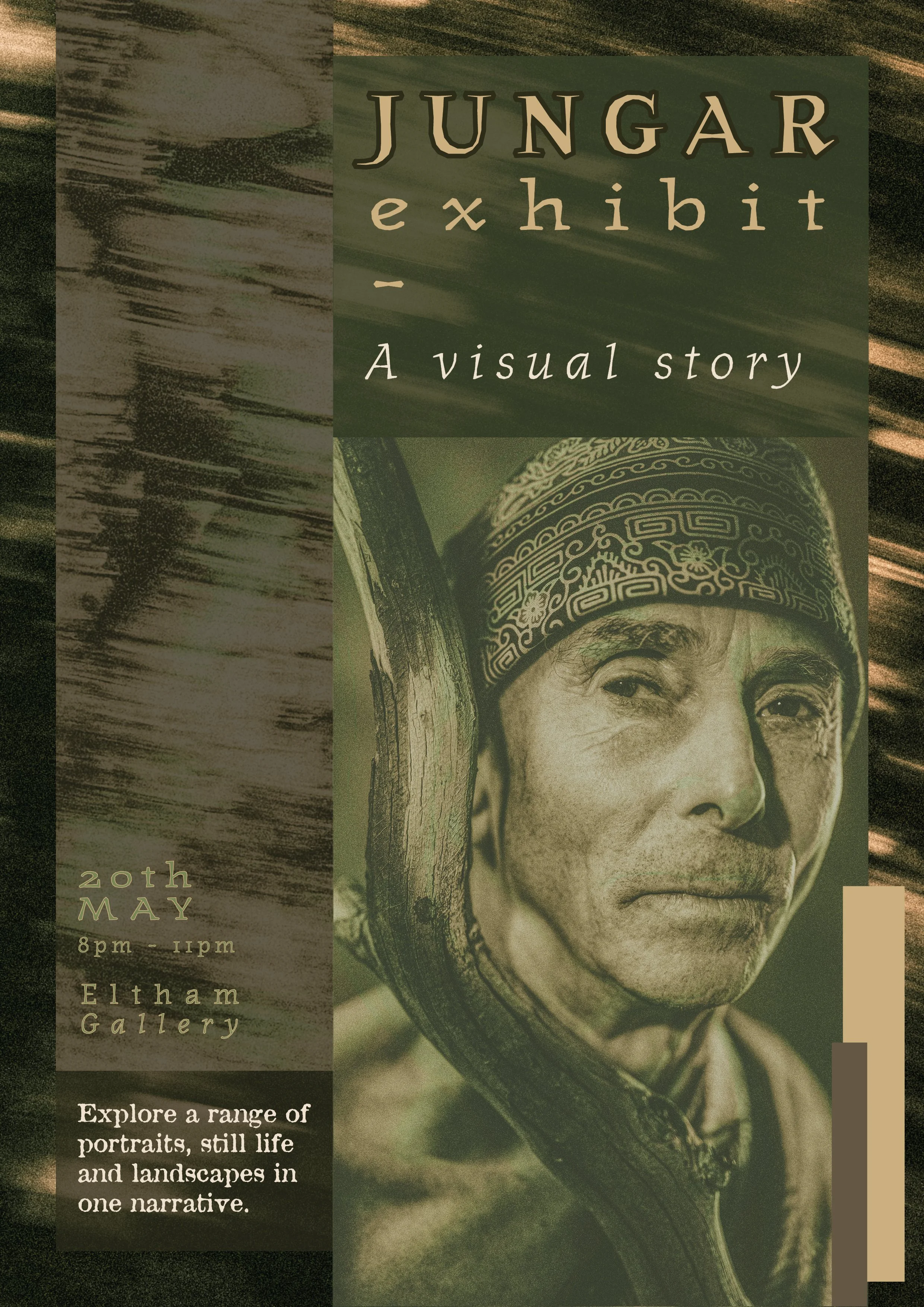 Poster for JUNGAR exhibit featuring a portrait of an elderly man wearing a patterned headscarf, with the event details and description.