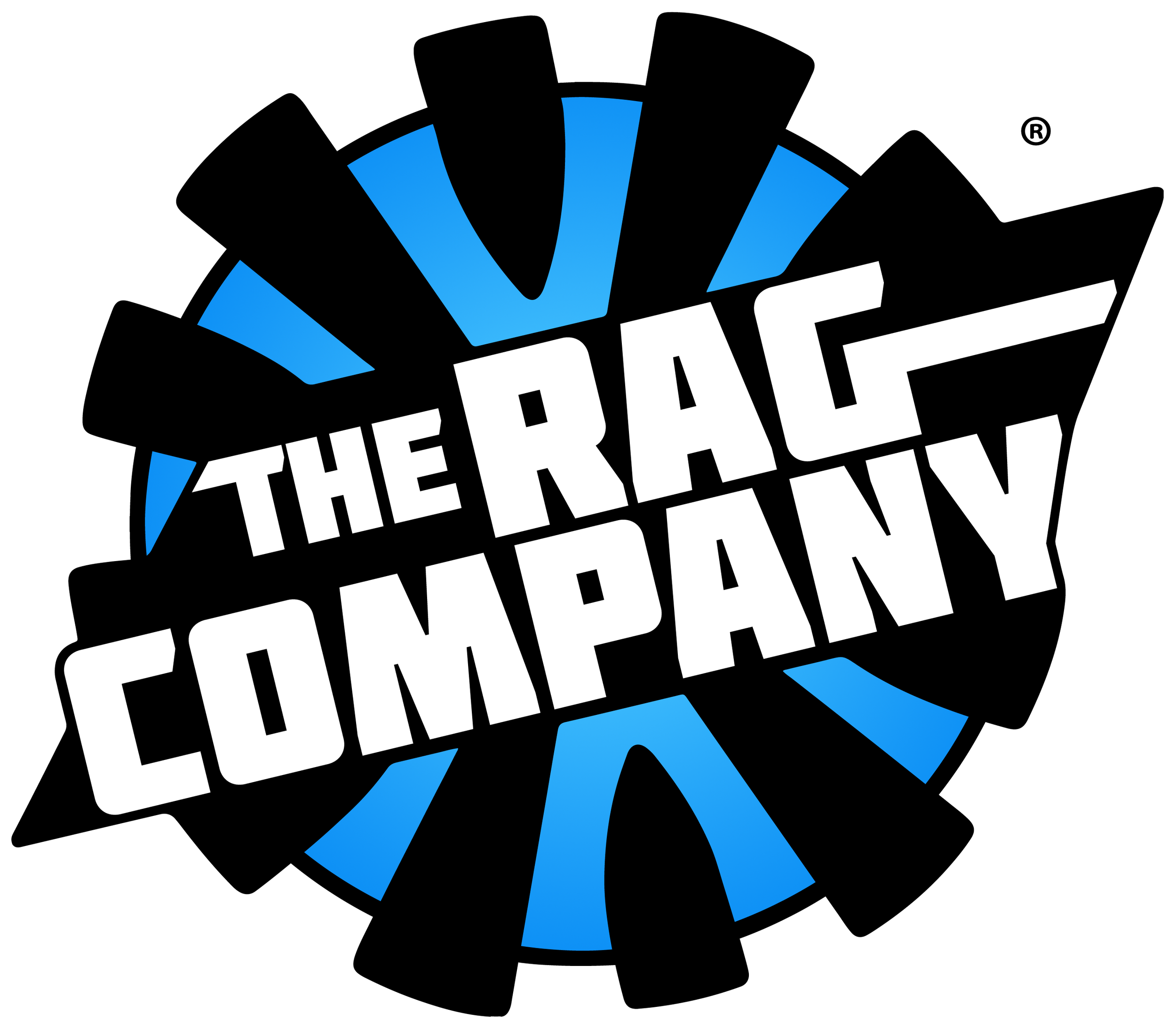 Logo of The Racing Company with gear design in black and blue