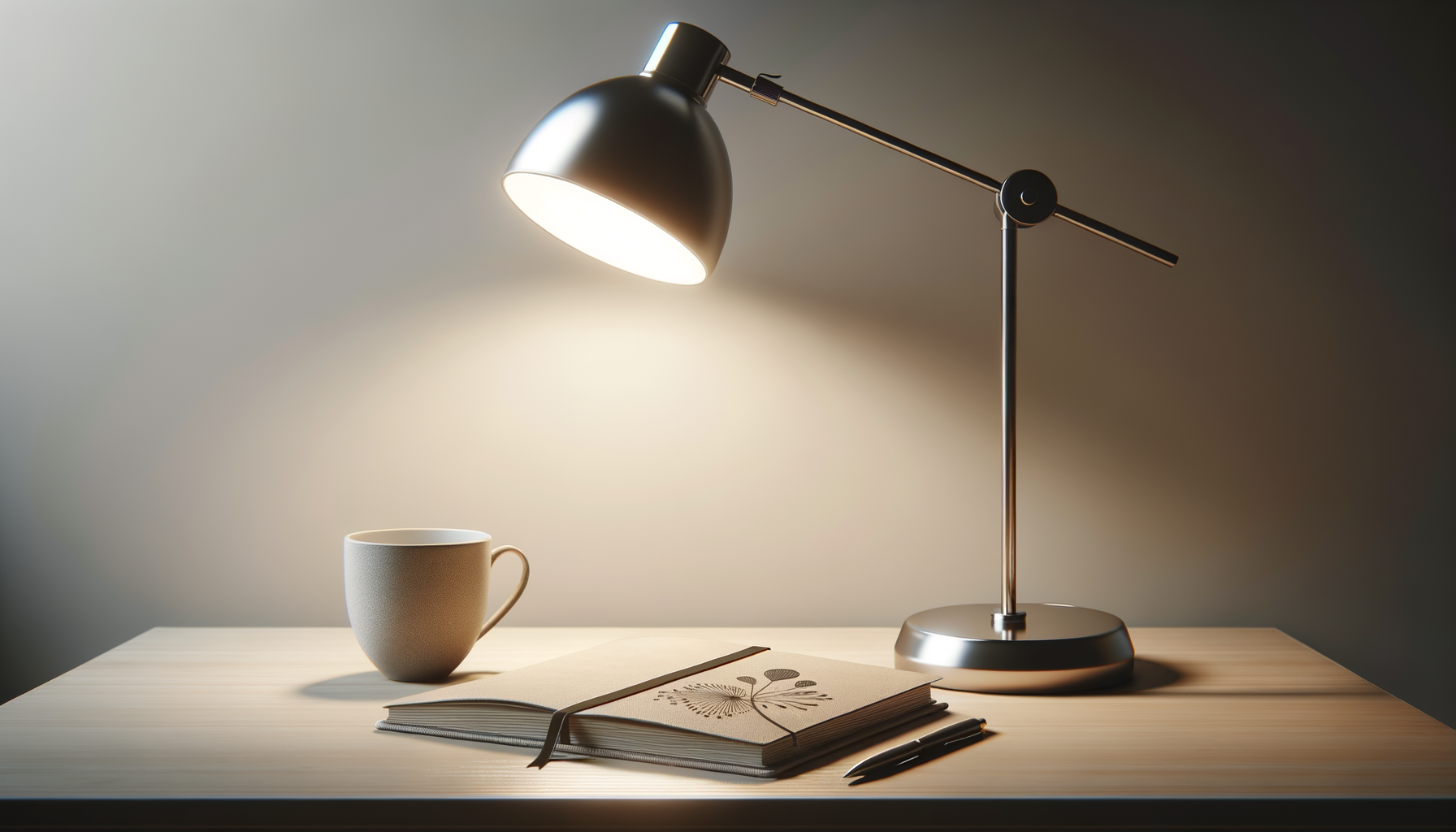 A desk setup with a modern black desk lamp illuminating a notebook, a black pen, a beige coffee mug, on a light wood surface against a neutral background.