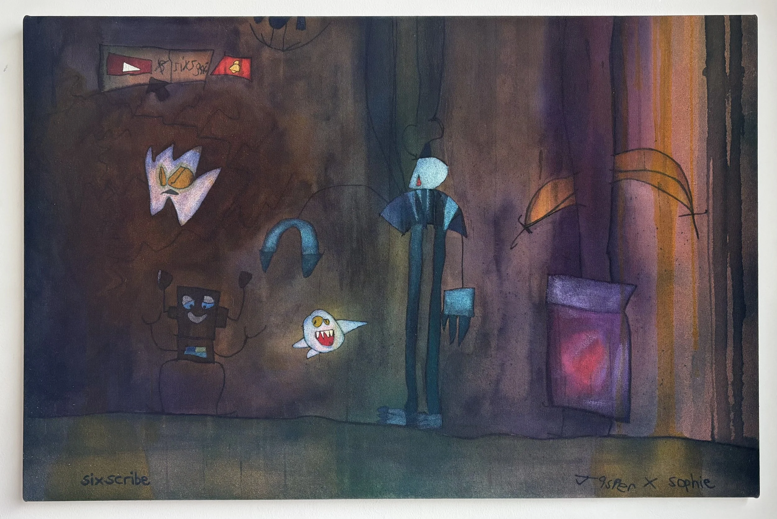 Sixscribe, 2025, acrylic and ink on raw stretched canvas, 820 x 520 mm