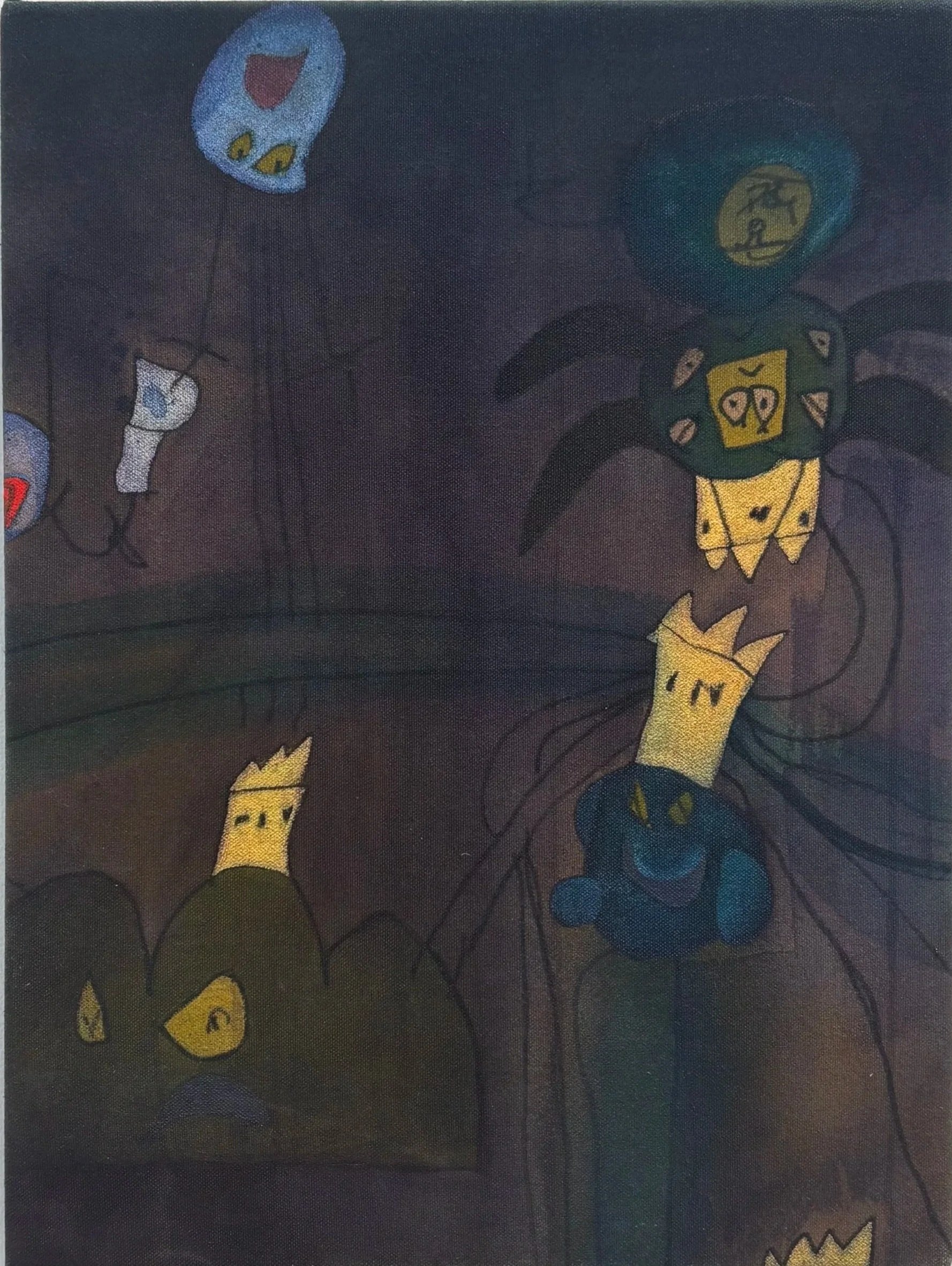 End the world, 2025, acrylic and ink on raw stretched canvas, 300 x 400 mm - Available through Chambers Art Gallery