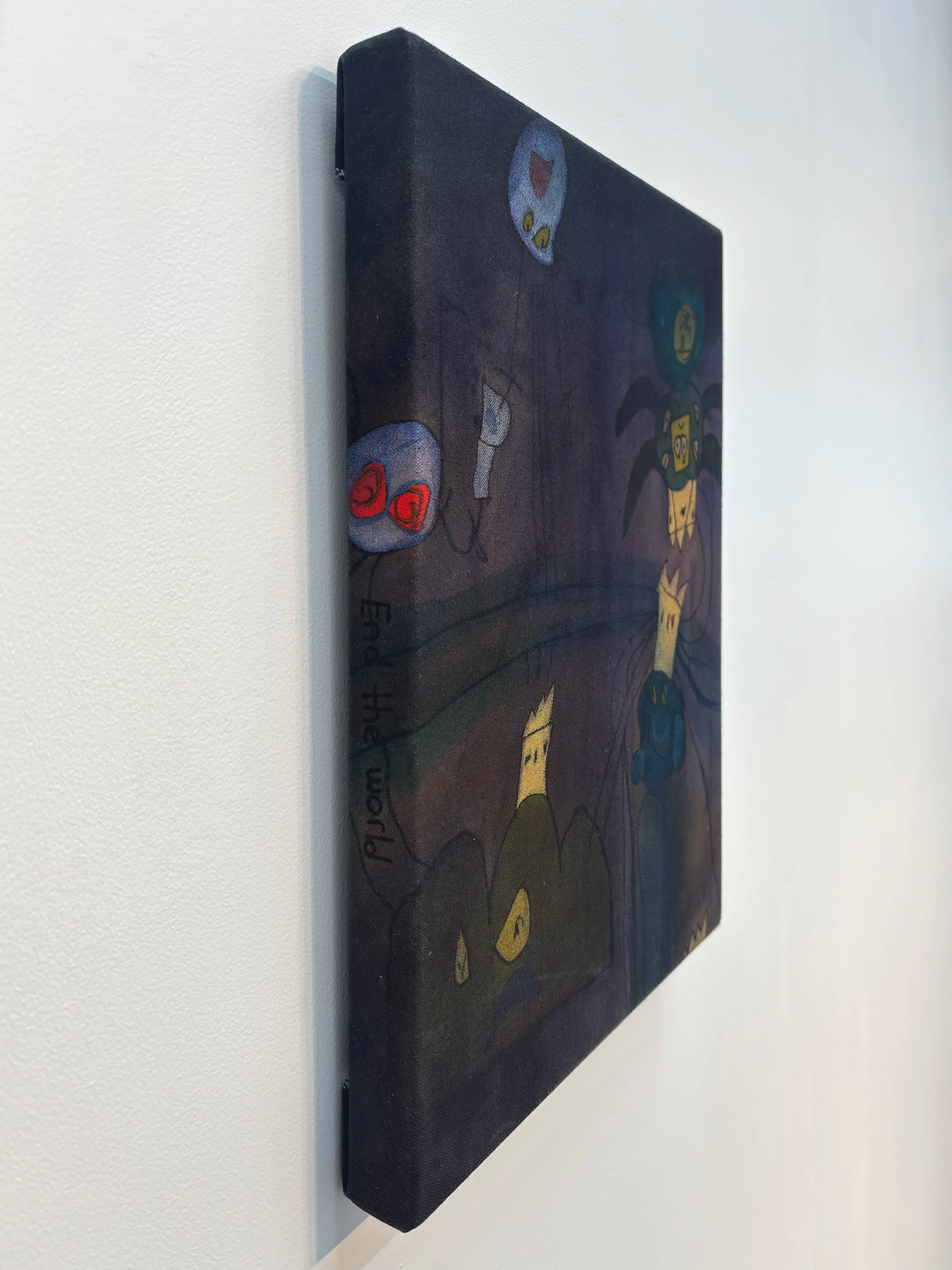 End the world, 2025, acrylic and ink on raw stretched canvas, 300 x 400 mm - Available through Chambers Art Gallery