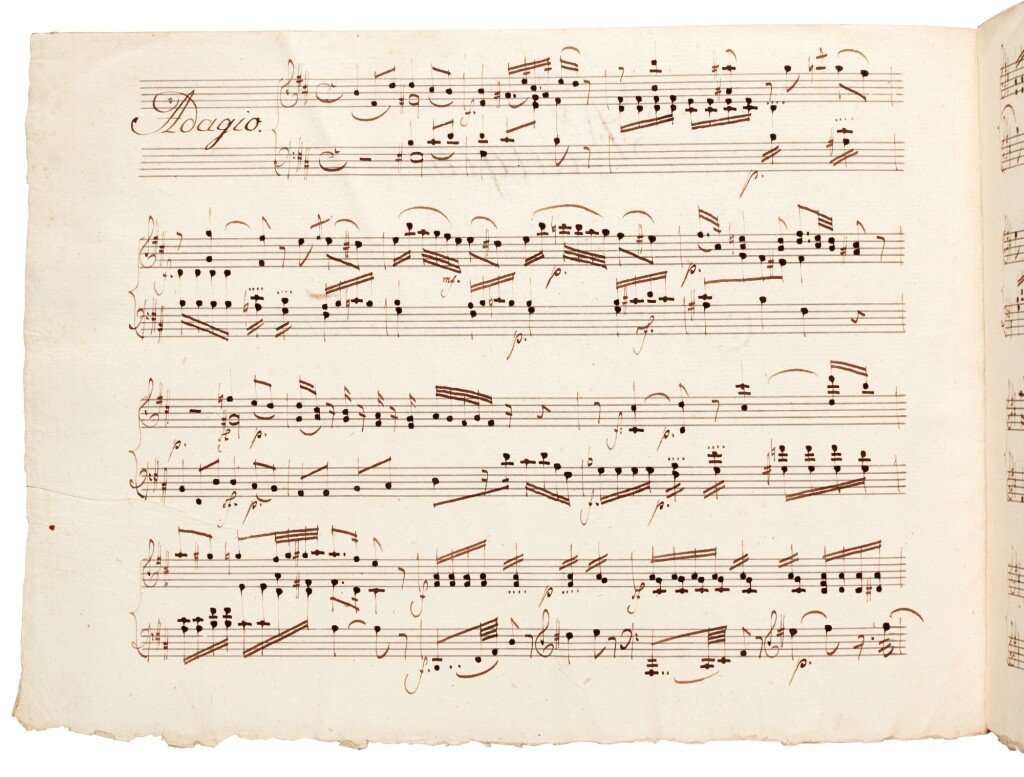 Piano sheet music handwritten on old yellow paper