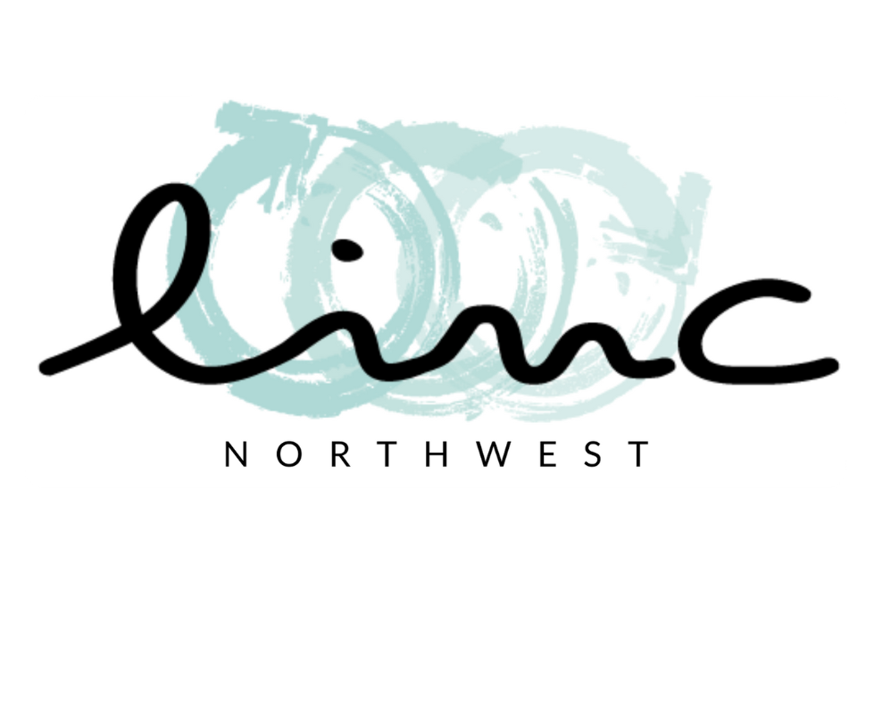Logo with the word "liinc" written in black cursive font, with a light blue brushstroke background, and the word "NORTHWEST" in uppercase letters below.