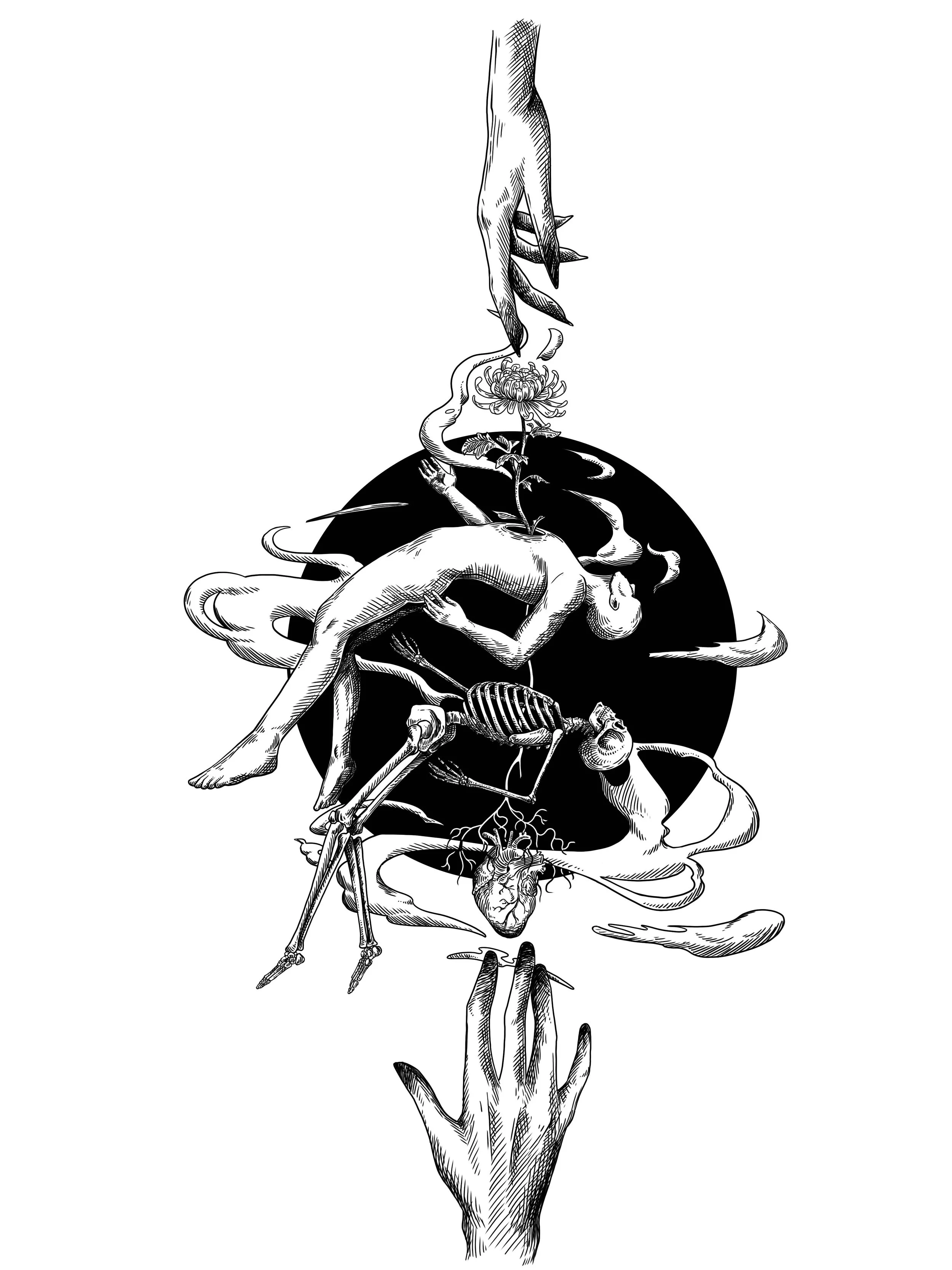 Black and white illustration of a human figurecrouched and touching a hand, surrounded by a dark circle, with a hand and flower above it and various abstract elements.