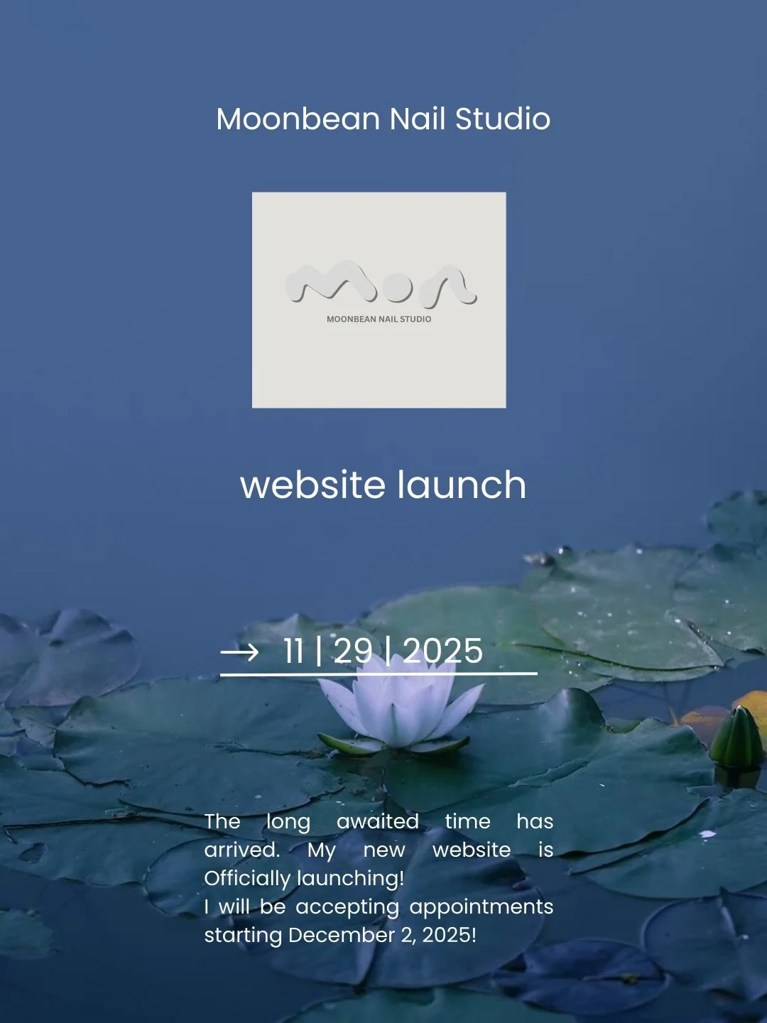 ‧₊˚ ⏾. &sdot;  𝐖𝐞𝐛𝐬𝐢𝐭𝐞 𝐋𝐚𝐮𝐧𝐜𝐡 𝐝𝐚𝐲!  𝐌𝐲 𝐰𝐞𝐛𝐬𝐢𝐭𝐞 𝐢𝐬 𝐟𝐢𝐧𝐚𝐥𝐥𝐲 𝐟𝐢𝐧𝐢𝐬𝐡𝐞𝐝 𝐚𝐧𝐝 𝐫𝐞𝐚𝐝𝐲 𝐧𝐨𝐰! 
𝐈 𝐰𝐢𝐥𝐥 𝐬𝐭𝐚𝐫𝐭 𝐚𝐜𝐜𝐞𝐩𝐭𝐢𝐧𝐠 𝐜𝐥𝐢𝐞𝐧𝐭𝐬 𝐃𝐞𝐜𝐞𝐦𝐛𝐞𝐫 𝟐, 𝟐𝟎𝟐𝟓! 
⋆
⋆
www.moonbeannailstudi