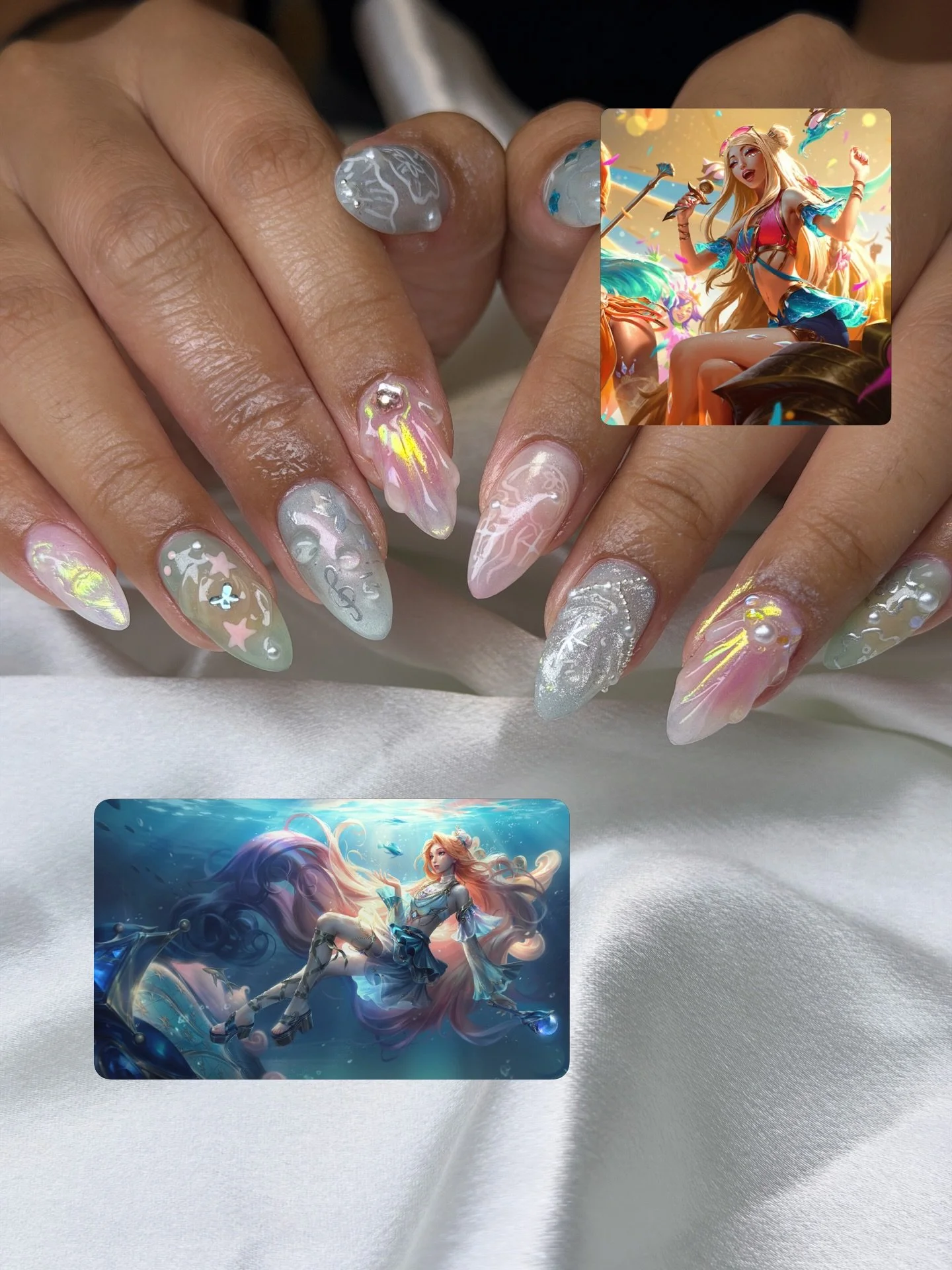 ‧₊˚ ⏾. &sdot; Seraphine from League of Legends inspired set! 🥹🪼✨ this set turned out so pretty omg ✨
Ib: Pinterest (if you know og Artist please tag them Ty!)
⋆
⋆
DM to book or link in bio! 
⋆
⋆
#ocnails #ocnailtech #gelxnailtech #orangecountynails