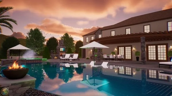 Luxury backyard with pool and hot tub, outdoor seating, umbrellas, a fire pit, and a two-story house during sunset.