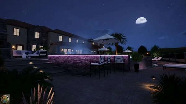 Nighttime backyard scene with a lit swimming pool, outdoor furniture, and a full moon in the sky.