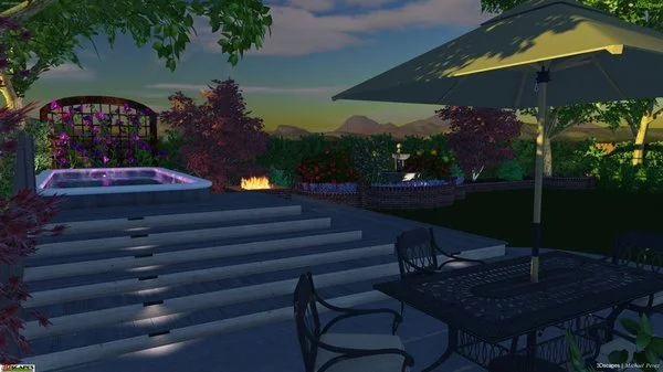 An outdoor patio area during dusk with a hot tub, steps leading up to it, outdoor furniture, an umbrella, trees, and mountains in the background.