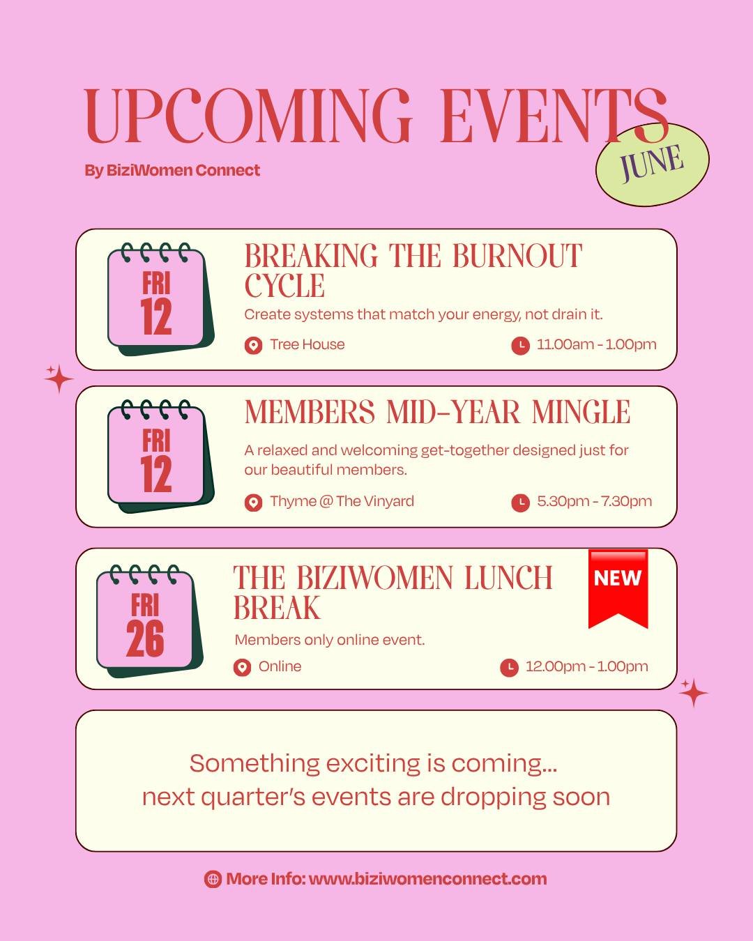 💗 June Events Are Here 💗

If you've been feeling overwhelmed, stretched thin, constantly busy, or wondering why success feels harder than it should... this workshop is for you.

Next Friday, 12th June, we're thrilled to be welcoming Stephanie Ford,