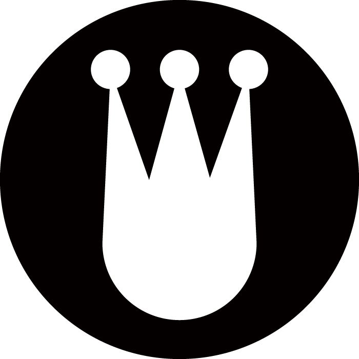 Black and white icon of a crown with three circular points on top, inside a black circular background.