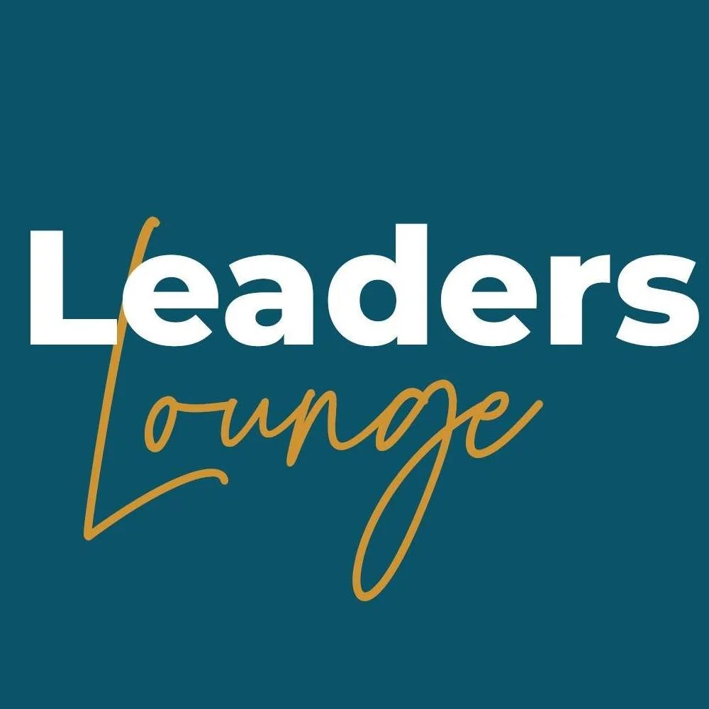 Text reading 'Leaders Lounge' with 'Leaders' in white bold font and 'Lounge' in gold cursive font on a dark teal background.
