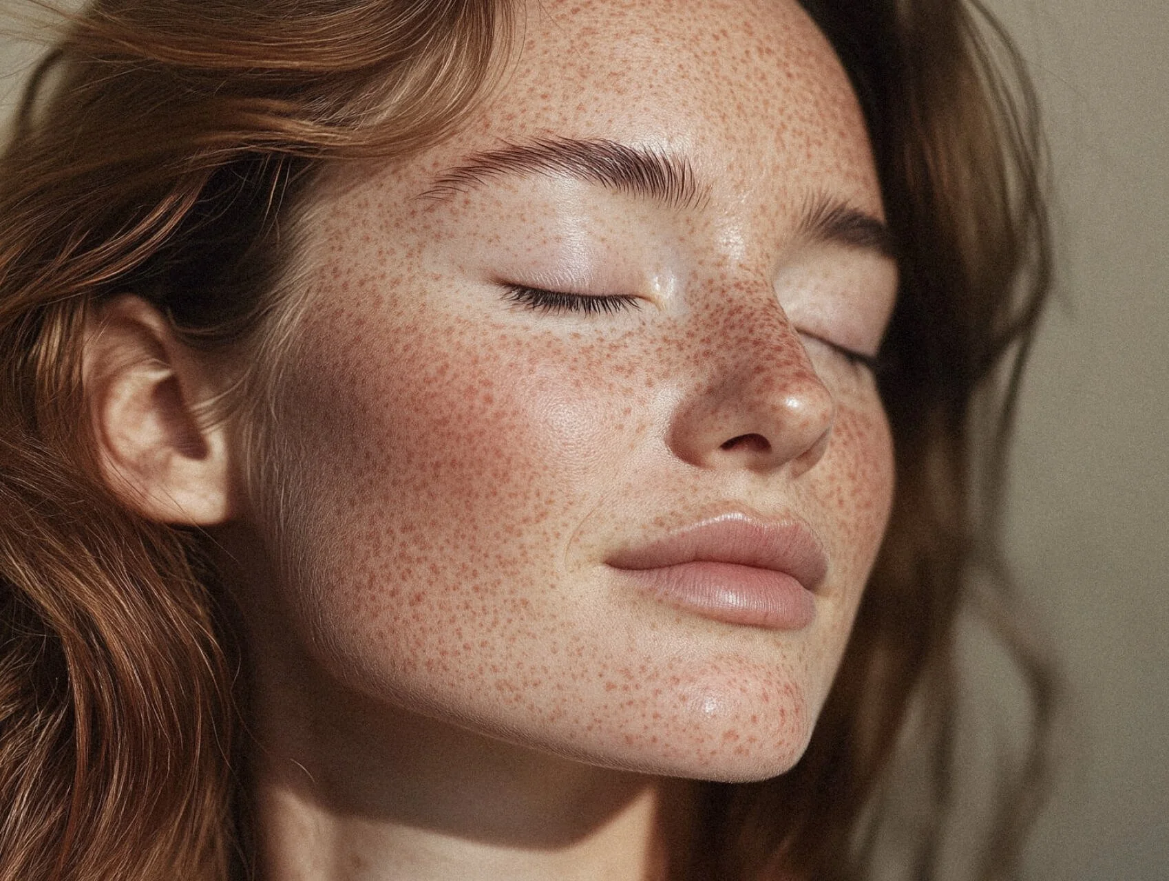 Close-up of a woman's face with closed eyes, showing her freckles and auburn hair.
