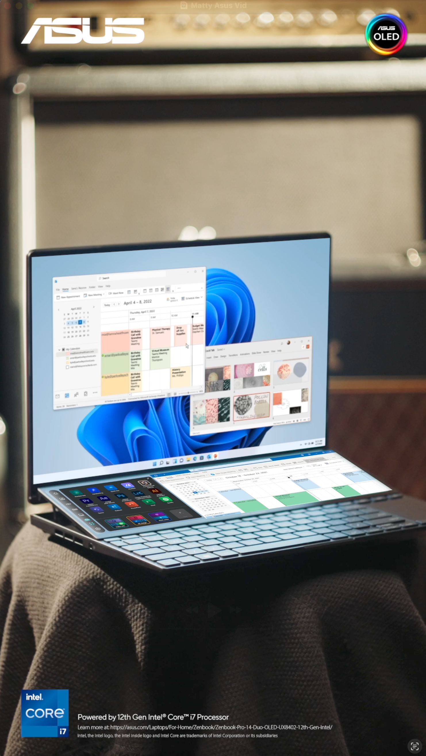 Close-up of an ASUS Zenbook laptop with two open screens displaying calendars, an app launcher, and a background of a blue abstract shape. The background includes an amplifier and some blurred equipment. The overlay includes branding for ASUS OLED and Intel Core i7, indicating it is powered by a 12th-generation Intel processor.