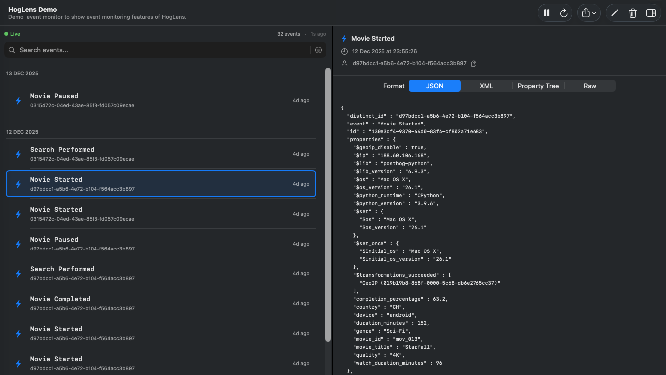 A screenshot of an event monitoring dashboard showing various events related to a movie playback, including 'Movie Started', 'Movie Paused', 'Search Performed', and 'Movie Completed', with detailed JSON data on the right side.