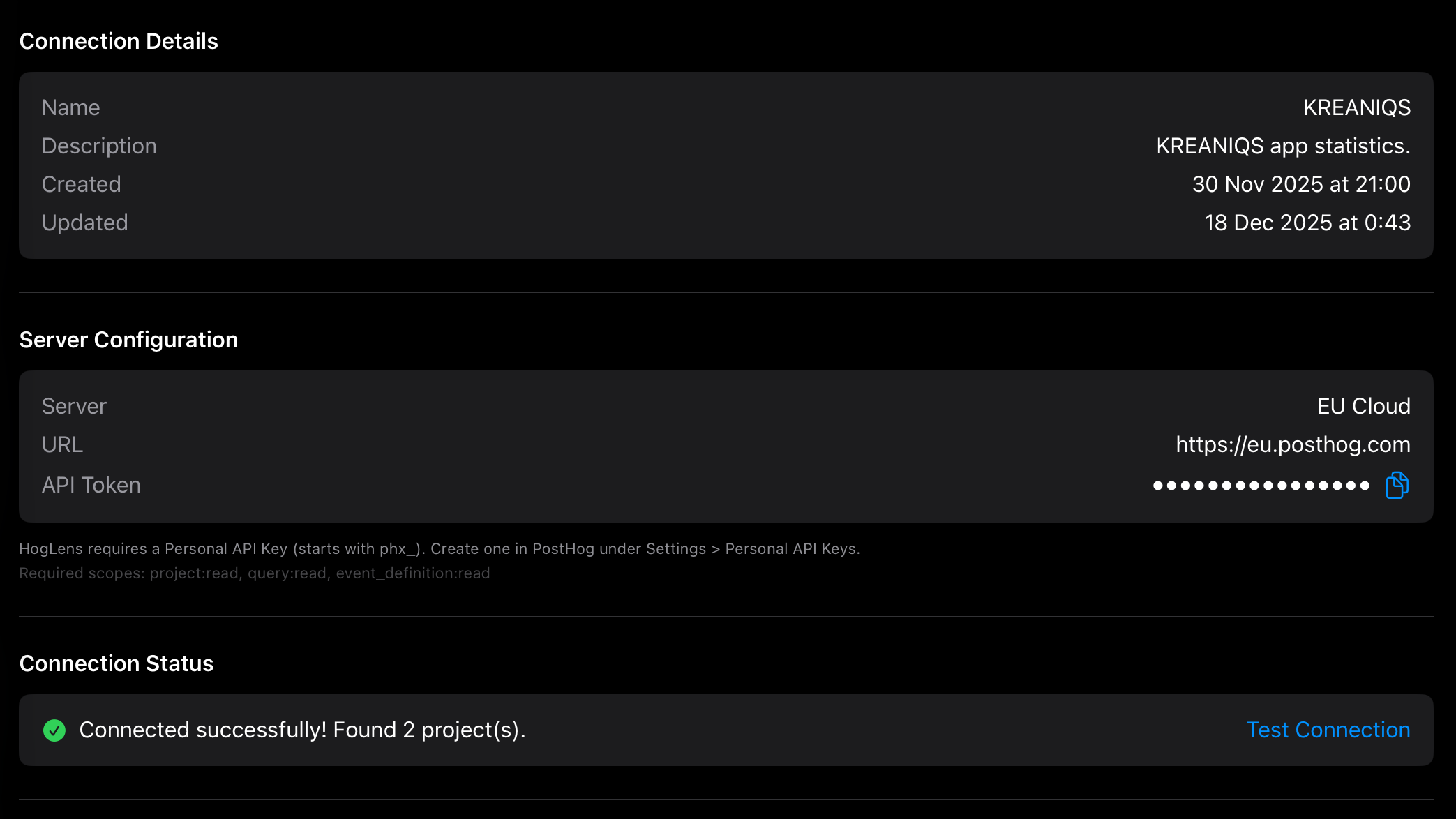 Screenshot of a software interface showing connection details for a service called KREANIQS, including creation and update timestamps, server configuration with URL and API token, and a connection status indicating successful connection to two projects.
