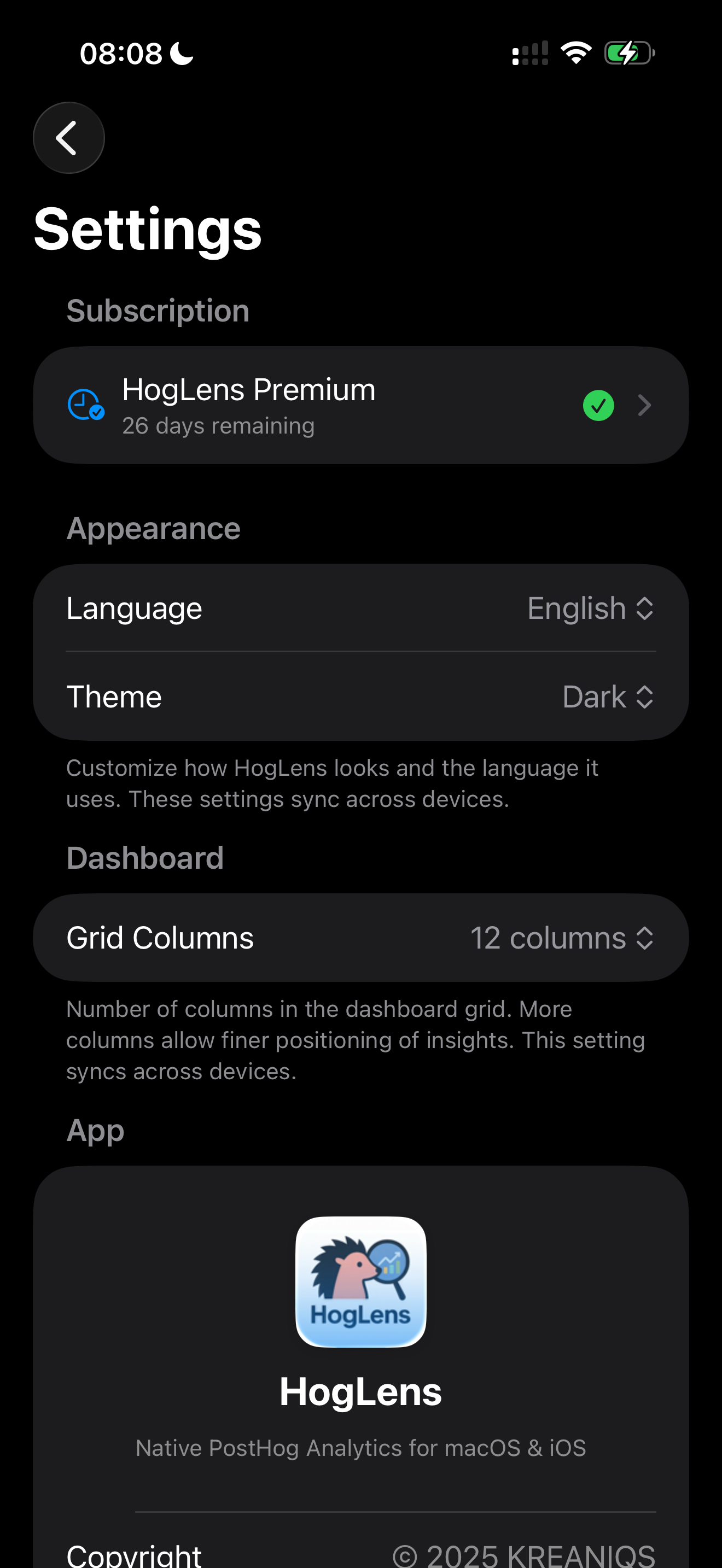 Screenshot of the HogLens app settings on a mobile device, showing a subscription, appearance options such as language and theme, dashboard grid columns, and the HogLens app icon with a hedgehog logo.