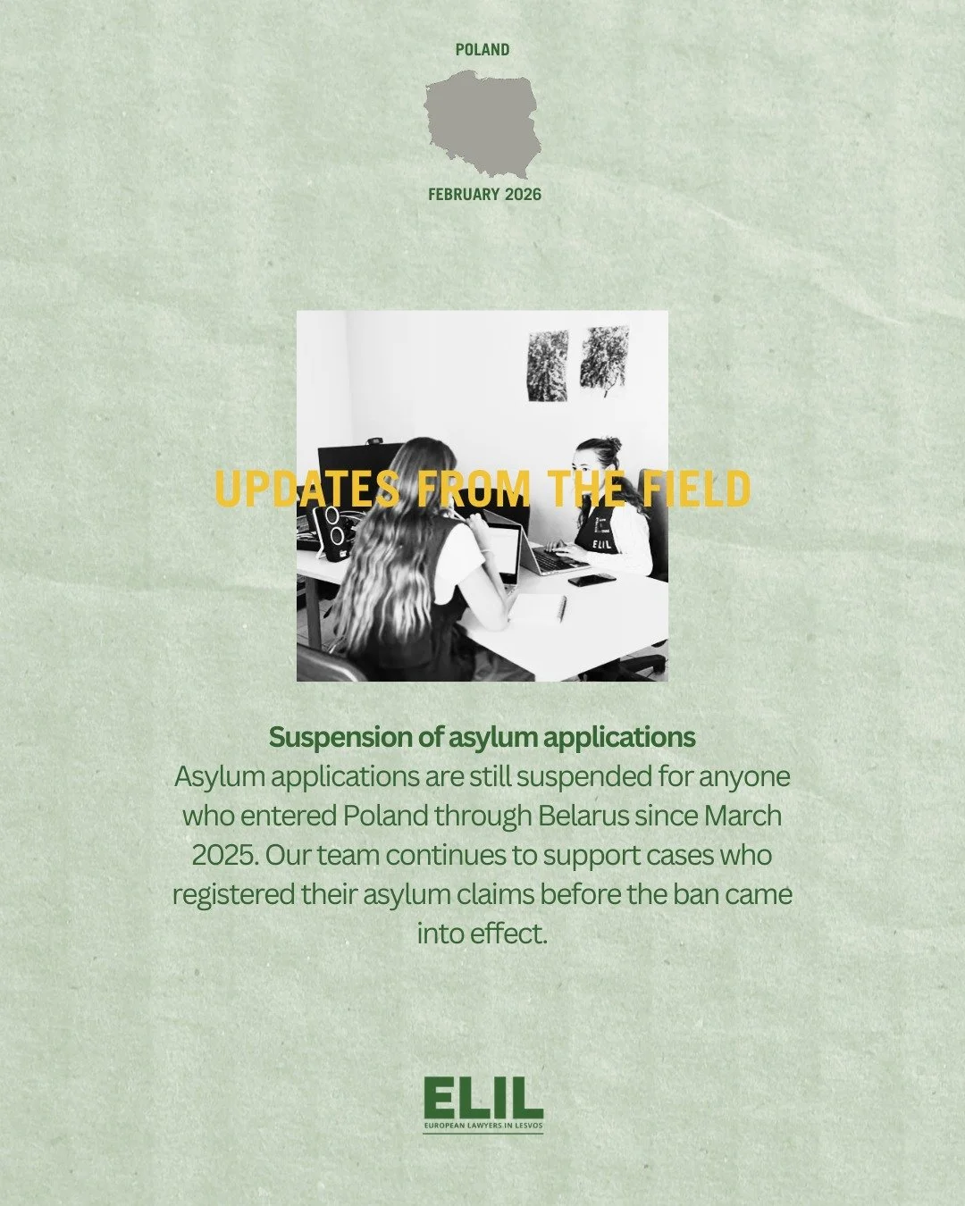 Context update Poland! 

We are sharing successes and challenges from our work in February in Warsaw and at the Poland Belarus border. Swipe across to learn more! 

#SwissEuropeContribution #SwissEuropeRapidResponseFund #europeanlawyersinlesvos #migr