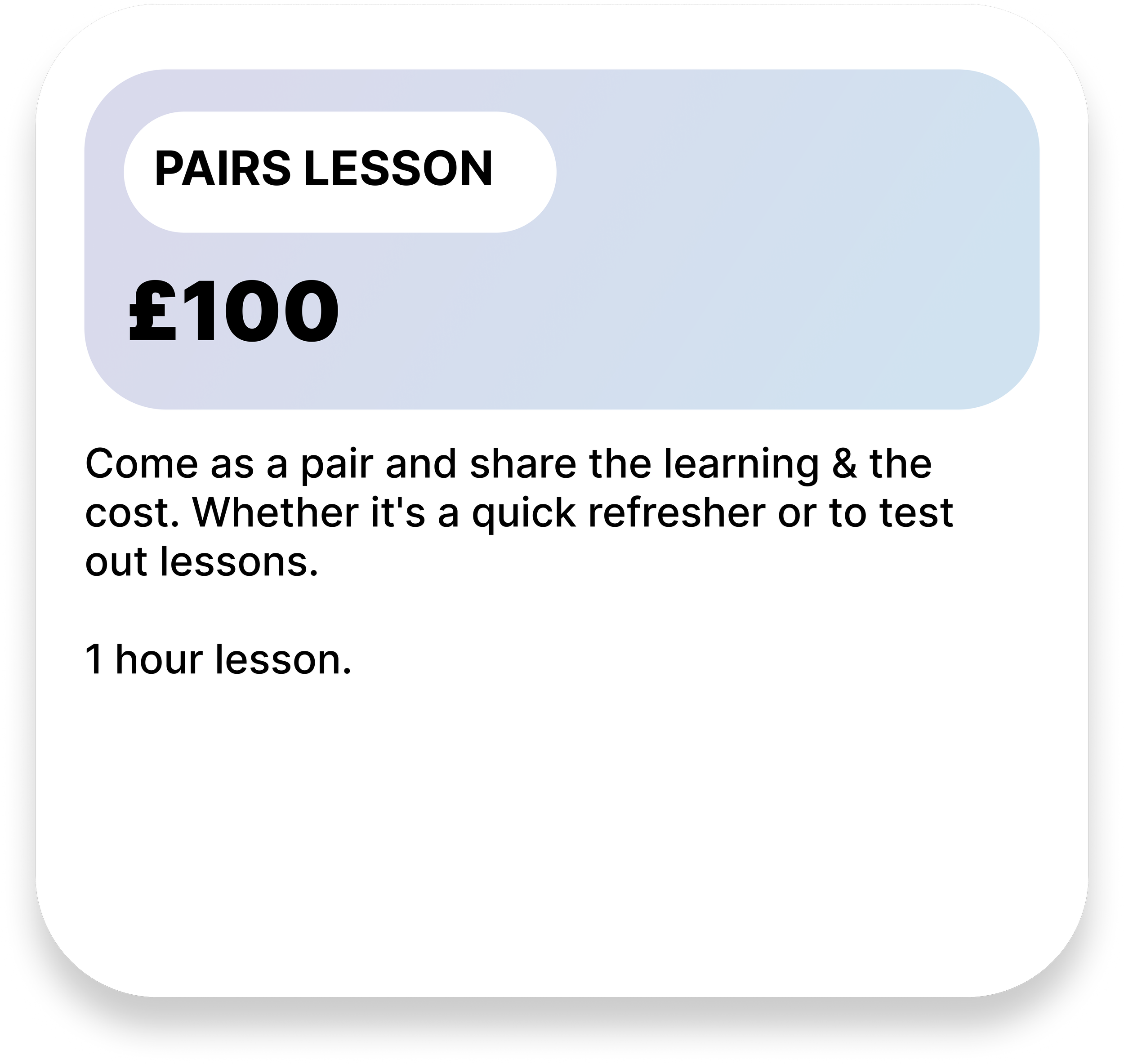 Mobile screen displaying a lesson titled 'Pairs Lesson' for £100, inviting paired learners to share and learn, lasting 1 hour.