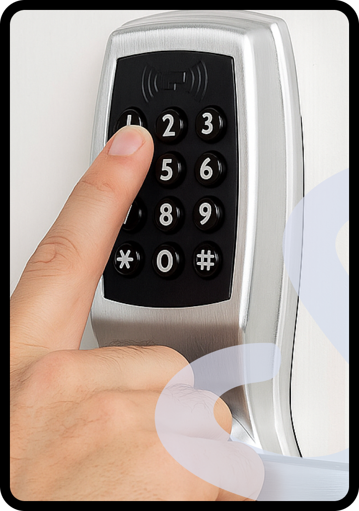Close-up of a hand pressing the number 1 key on a metallic biometric security keypad with a contactless symbol at the top.