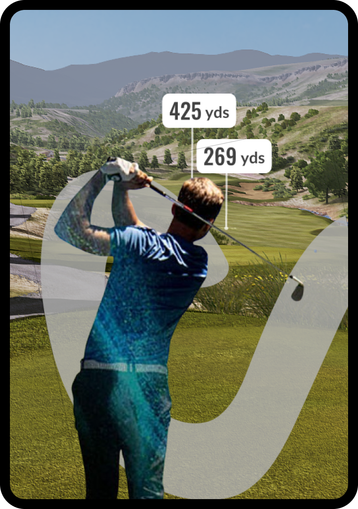 A golfer swinging a club on a golf course with distance markers showing 425 yards and 269 yards for the respective shots.