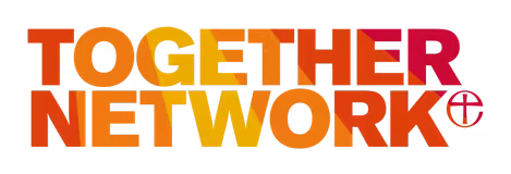 Colorful text reading 'Together Network' in a gradient of orange, yellow, purple, and red, with a plus symbol inside a circle.