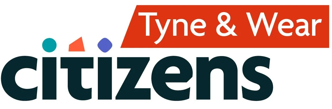 The image features a logo with the words "Tyne & Wear citizens" in bold letters. The phrase "Tyne & Wear" is placed inside an orange rectangle, and above the word "citizens" are three geometric shapes: a teal circle, an orange triangle, and a blue diamond.