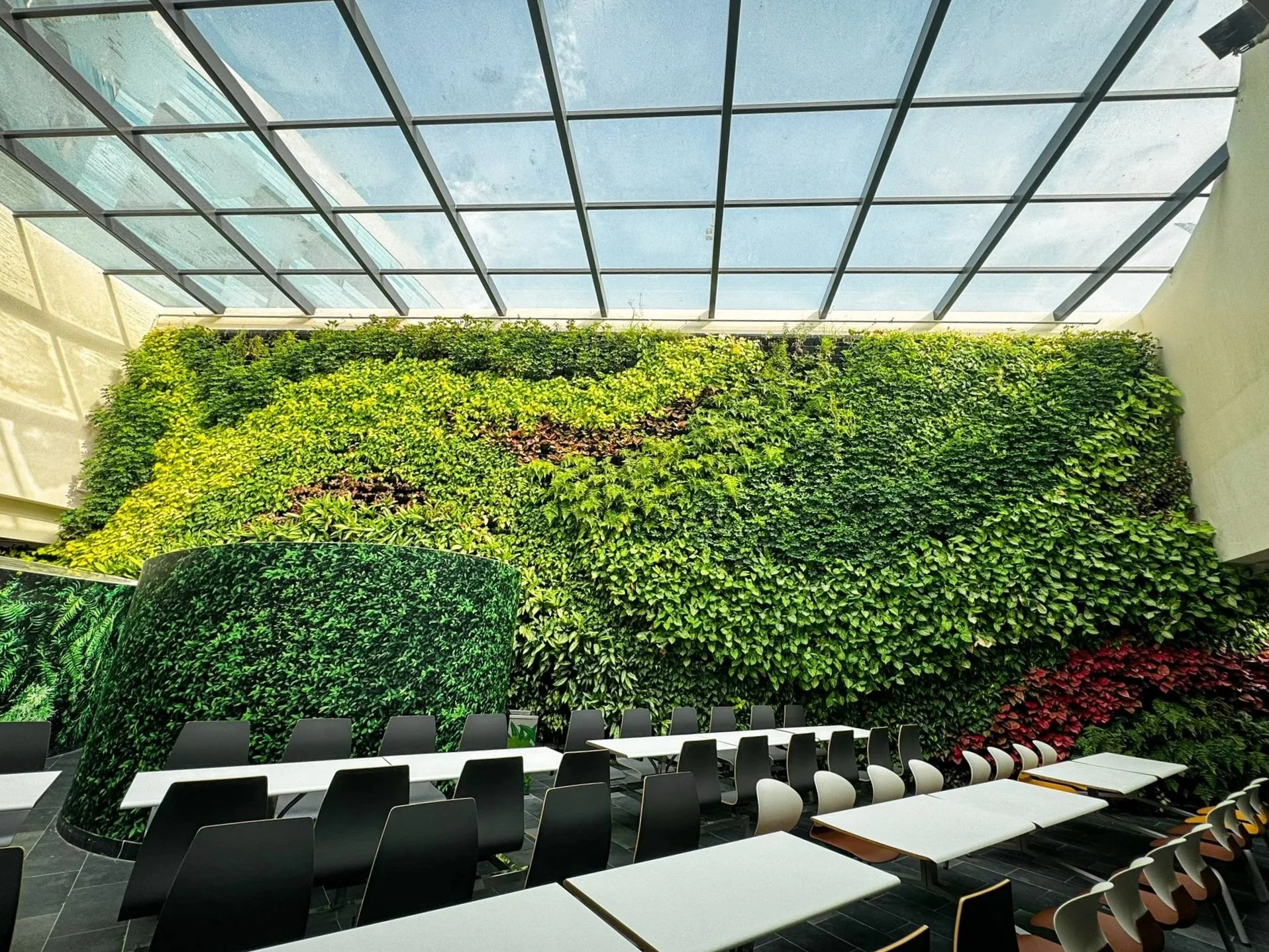 Indoor space with a large green living wall, black and white chairs, and tables, under a glass ceiling.