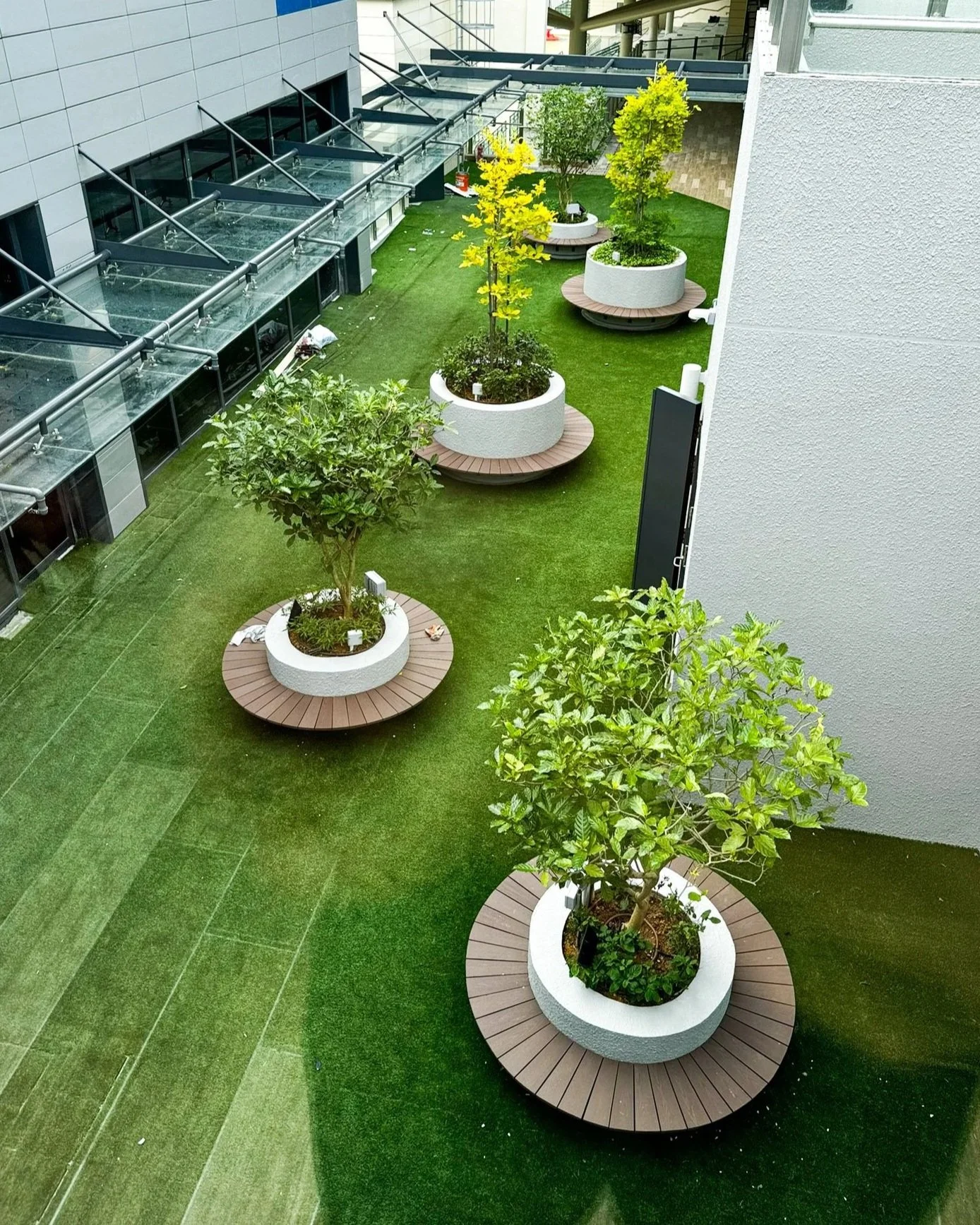 An outdoor area with a green artificial turf floor, several potted trees on wooden circular platforms, and a modern building with large glass windows on the left side.