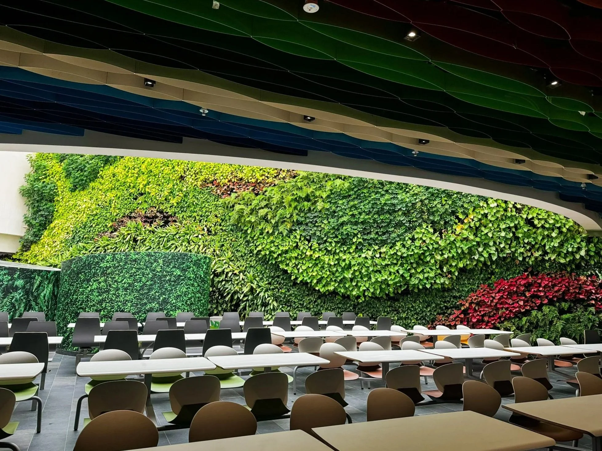 Modern indoor space with a vibrant green living wall, white tables, and black and white chairs, with a colorful ceiling design.